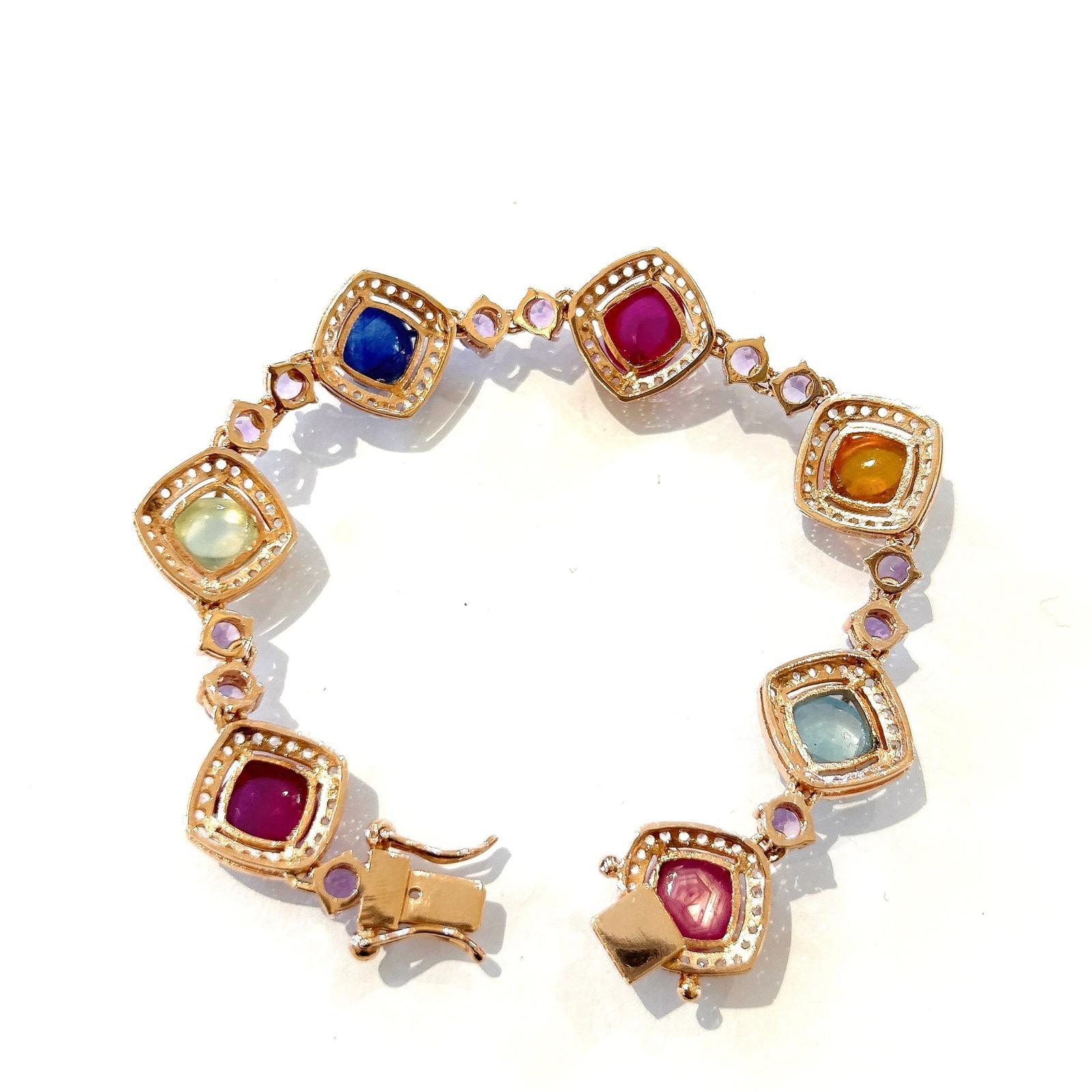 Art Deco Bochic “Capri” Ruby & Multi Color Gem & Sapphire Bracelet Set 18K Gold & Silver