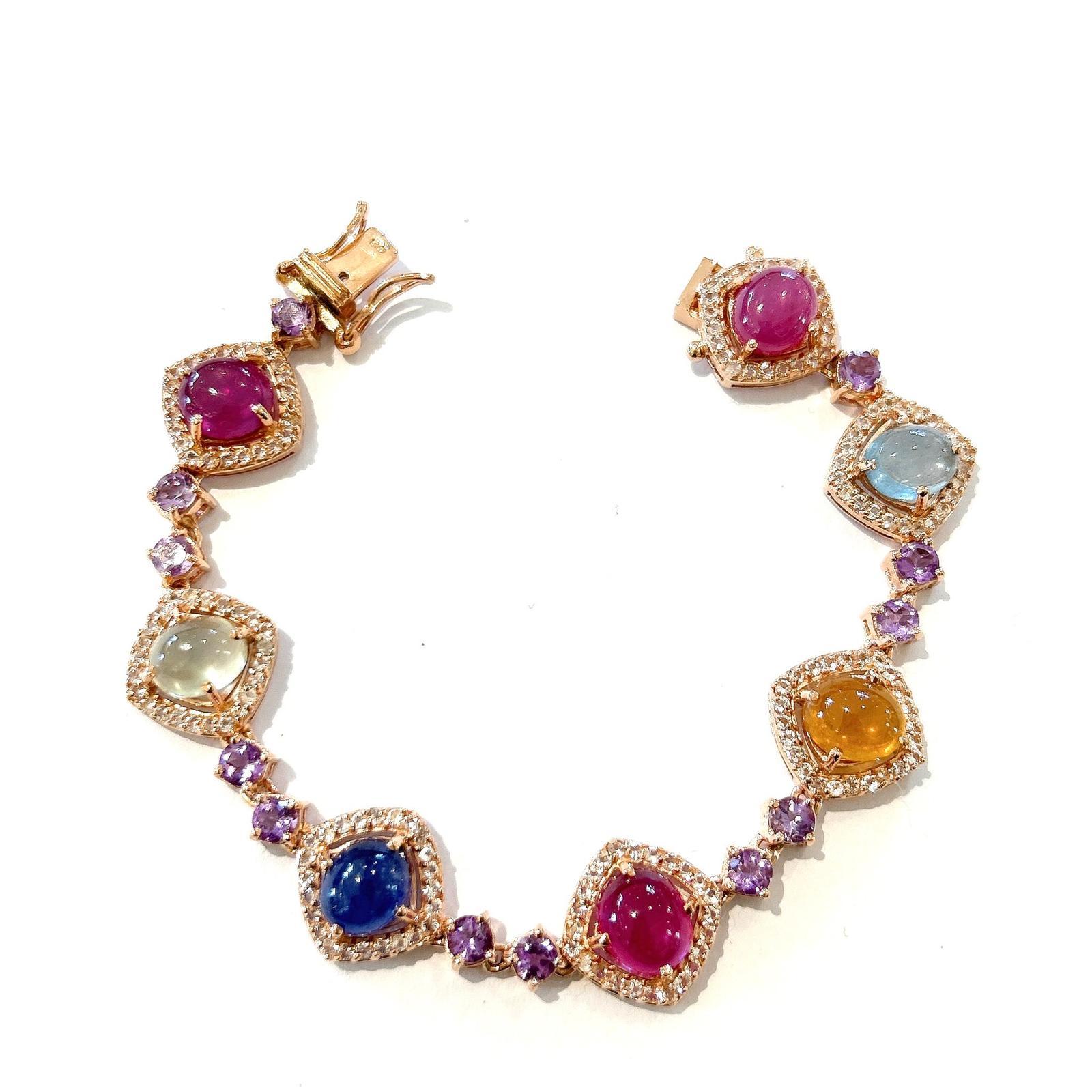 Cabochon Bochic “Capri” Ruby & Multi Color Gem & Sapphire Bracelet Set 18K Gold & Silver