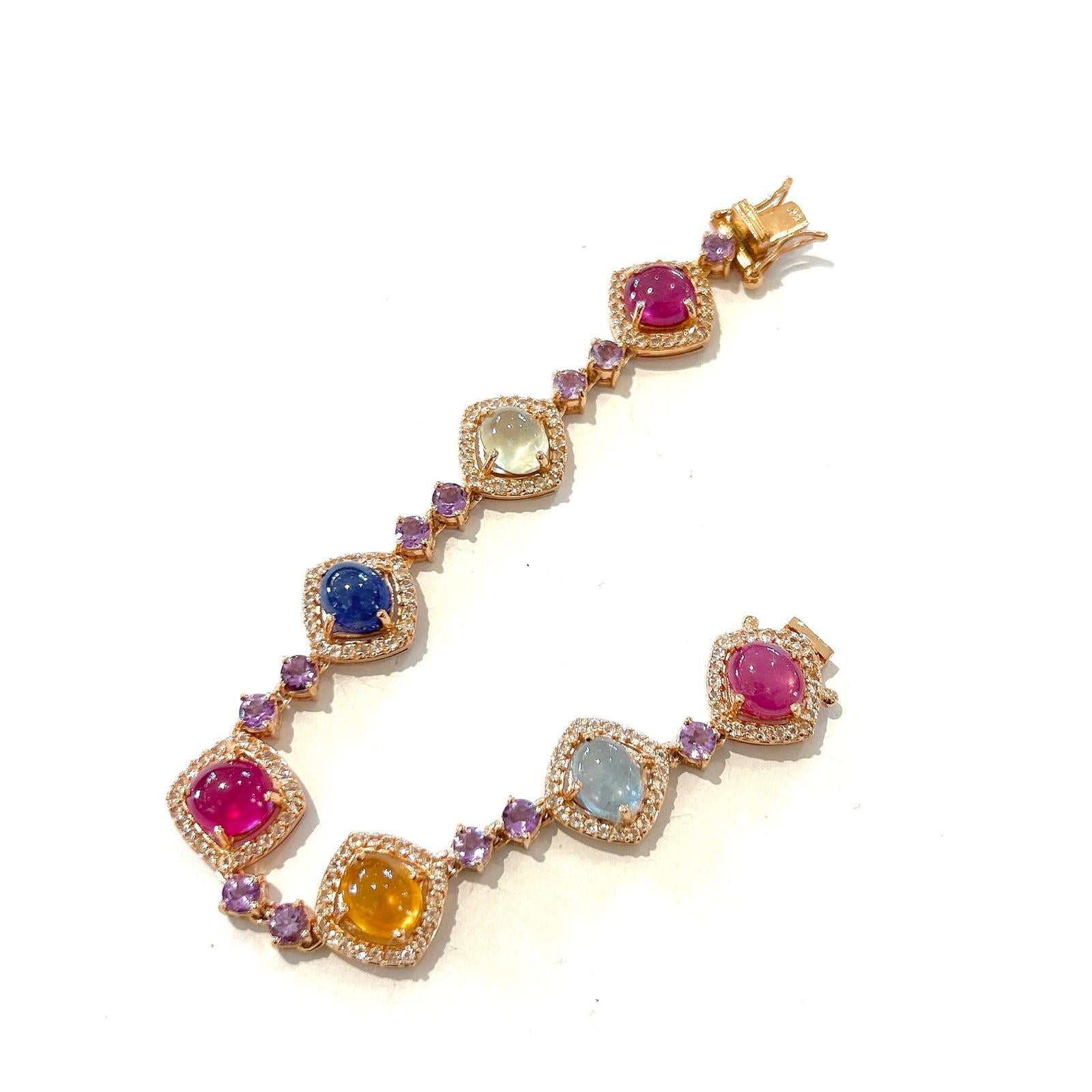 Bochic “Capri” Ruby & Multi Color Gem & Sapphire Bracelet Set 18K Gold & Silver In New Condition In New York, NY