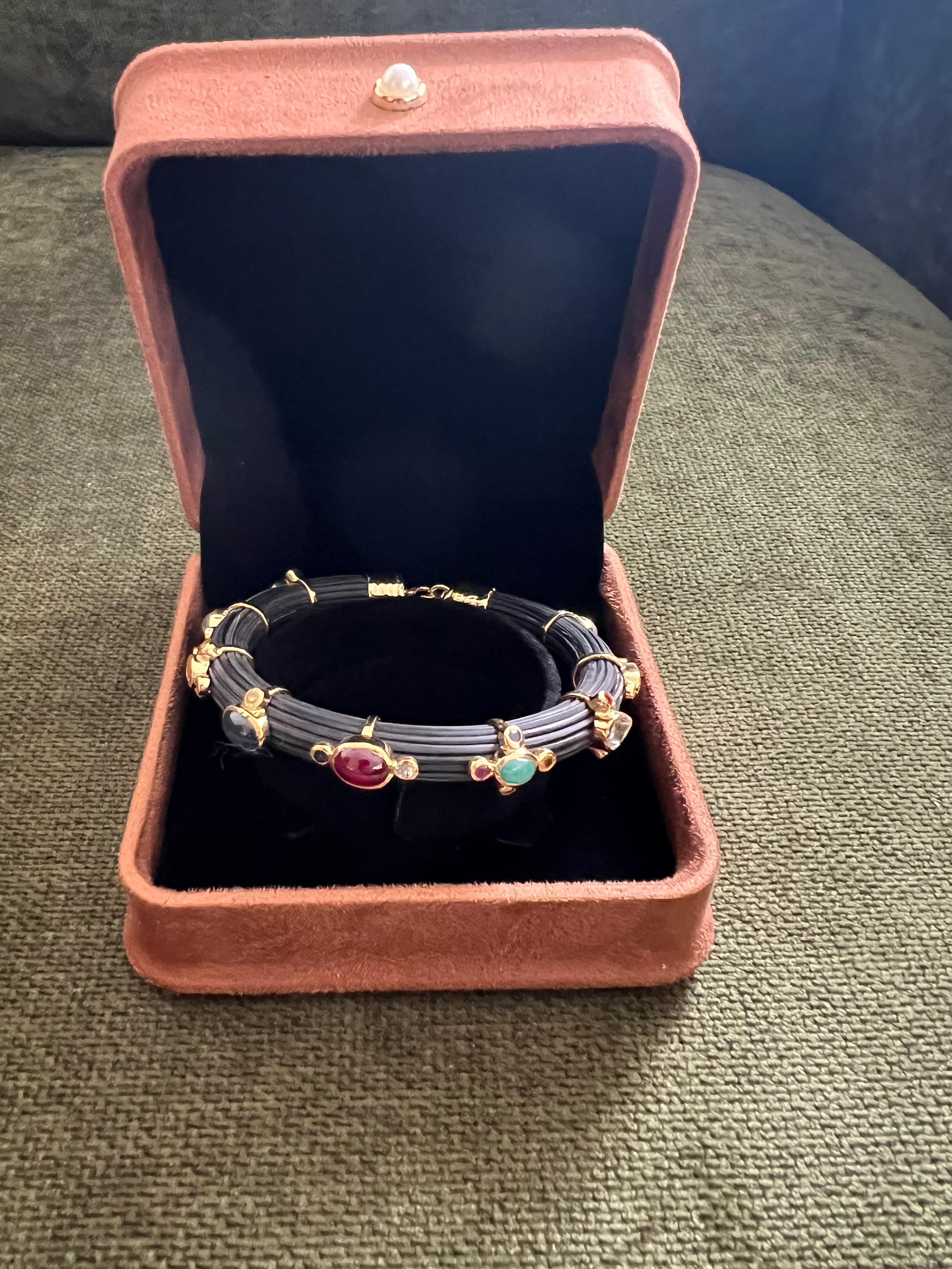 Bochic “Capri” Ruby & Multi Color Sapphire Bangle Set In 18K Gold & Silver For Sale 5