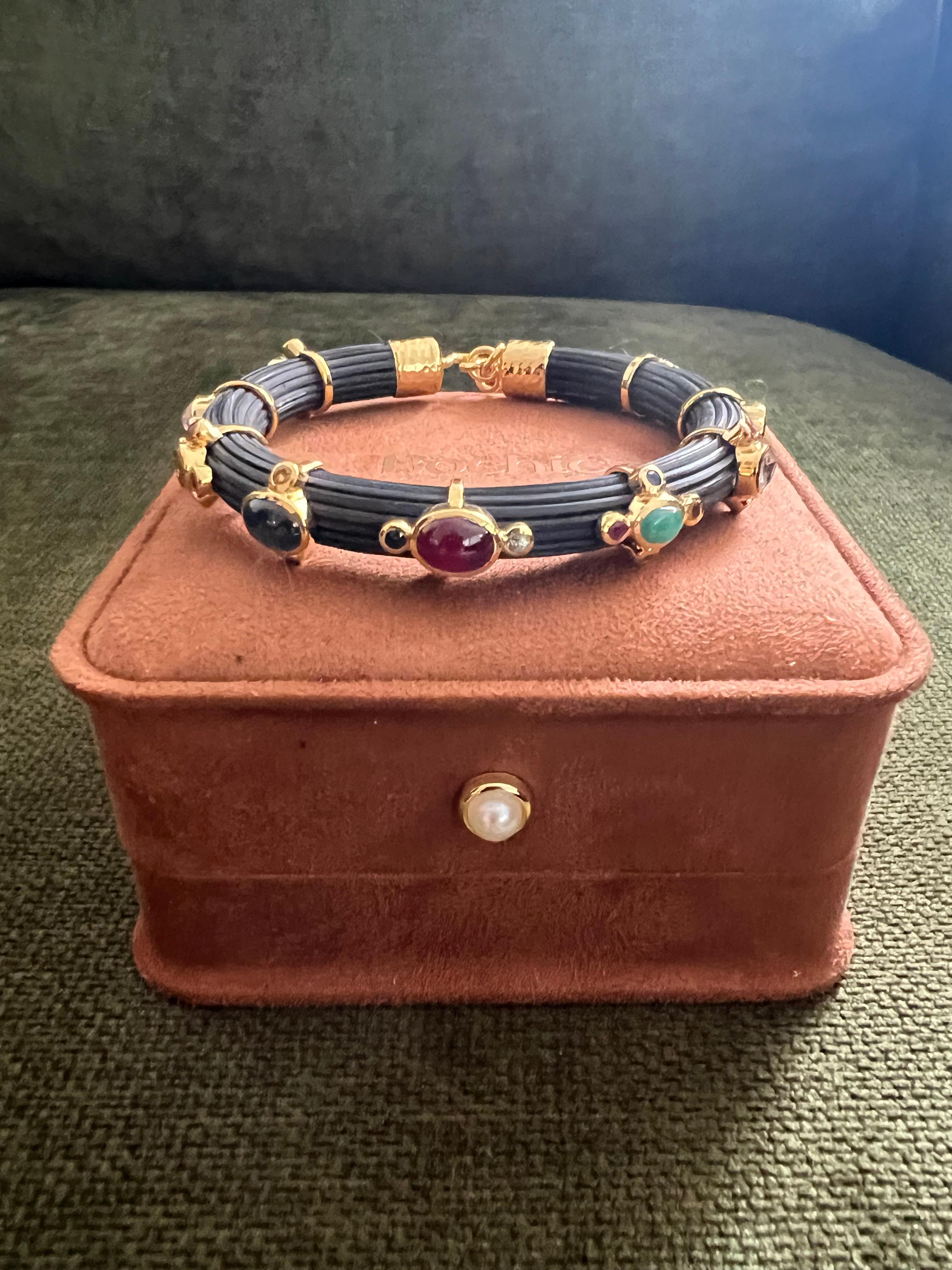 Bochic “Capri” Ruby & Multi Color Sapphire Bangle Set In 18K Gold & Silver For Sale 6