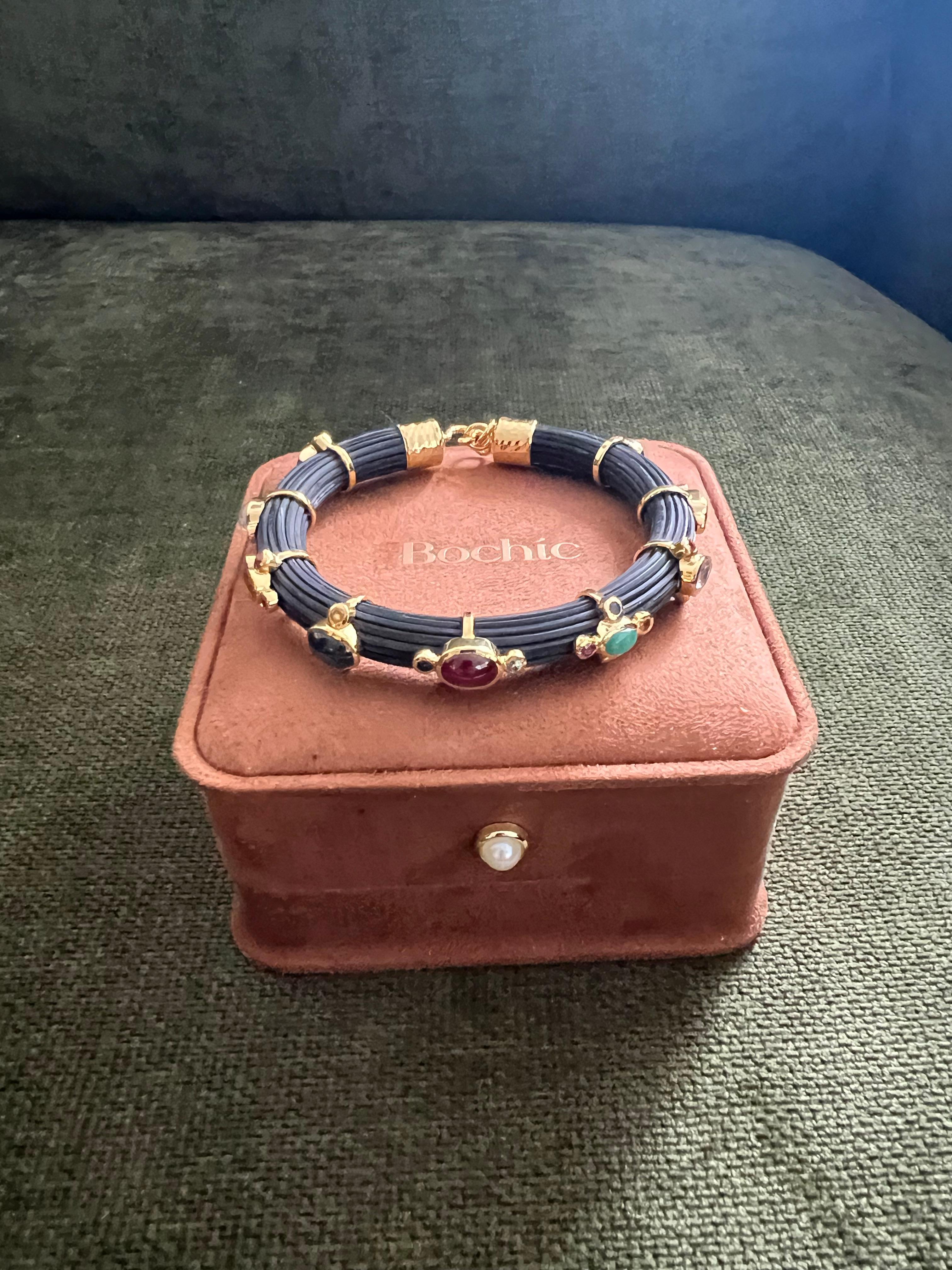 Bochic “Capri” Ruby & Multi Color Sapphire Bangle Set In 18K Gold & Silver For Sale 7