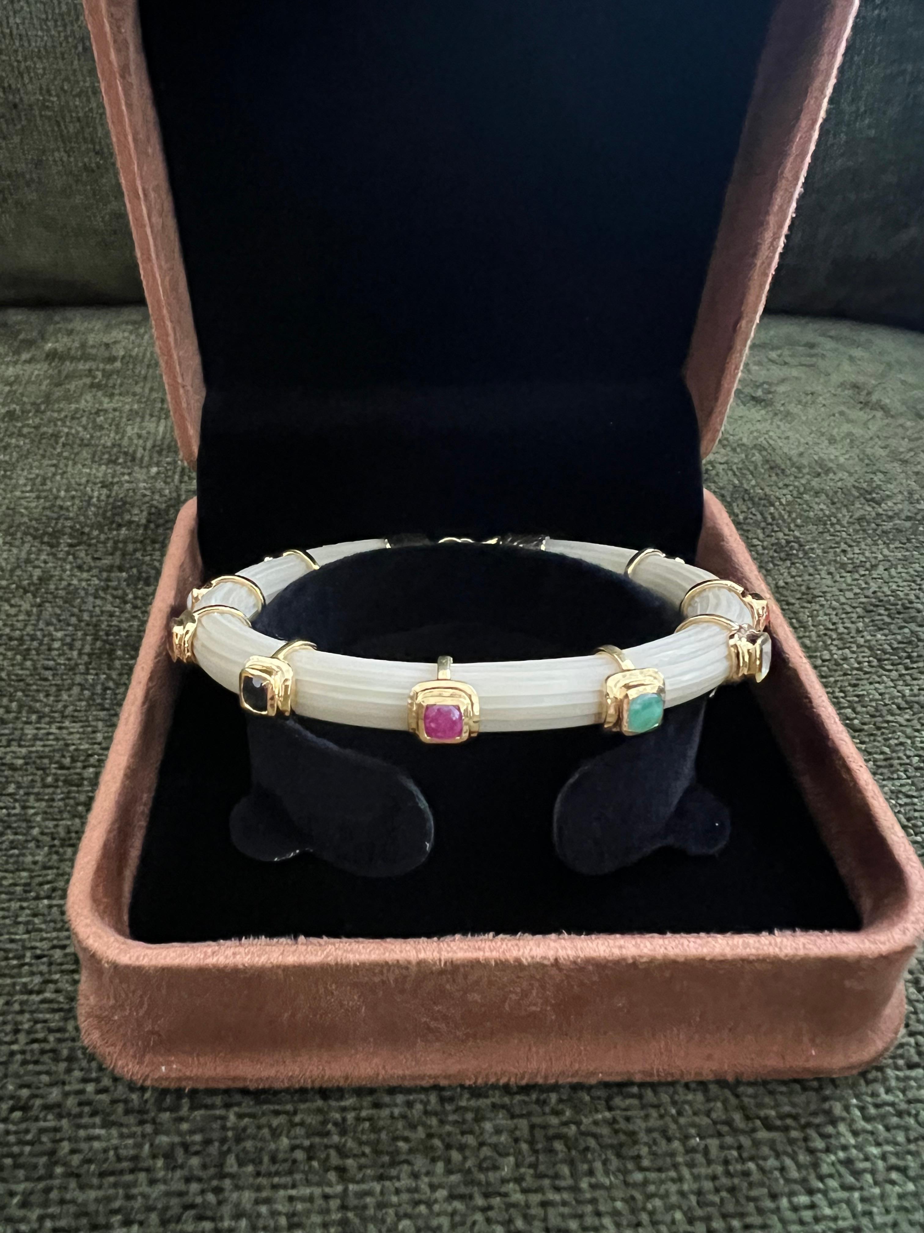 Anglo-Indian Bochic “Capri” Ruby & Multi Color Sapphire Bangle Set In 18K Gold & Silver For Sale