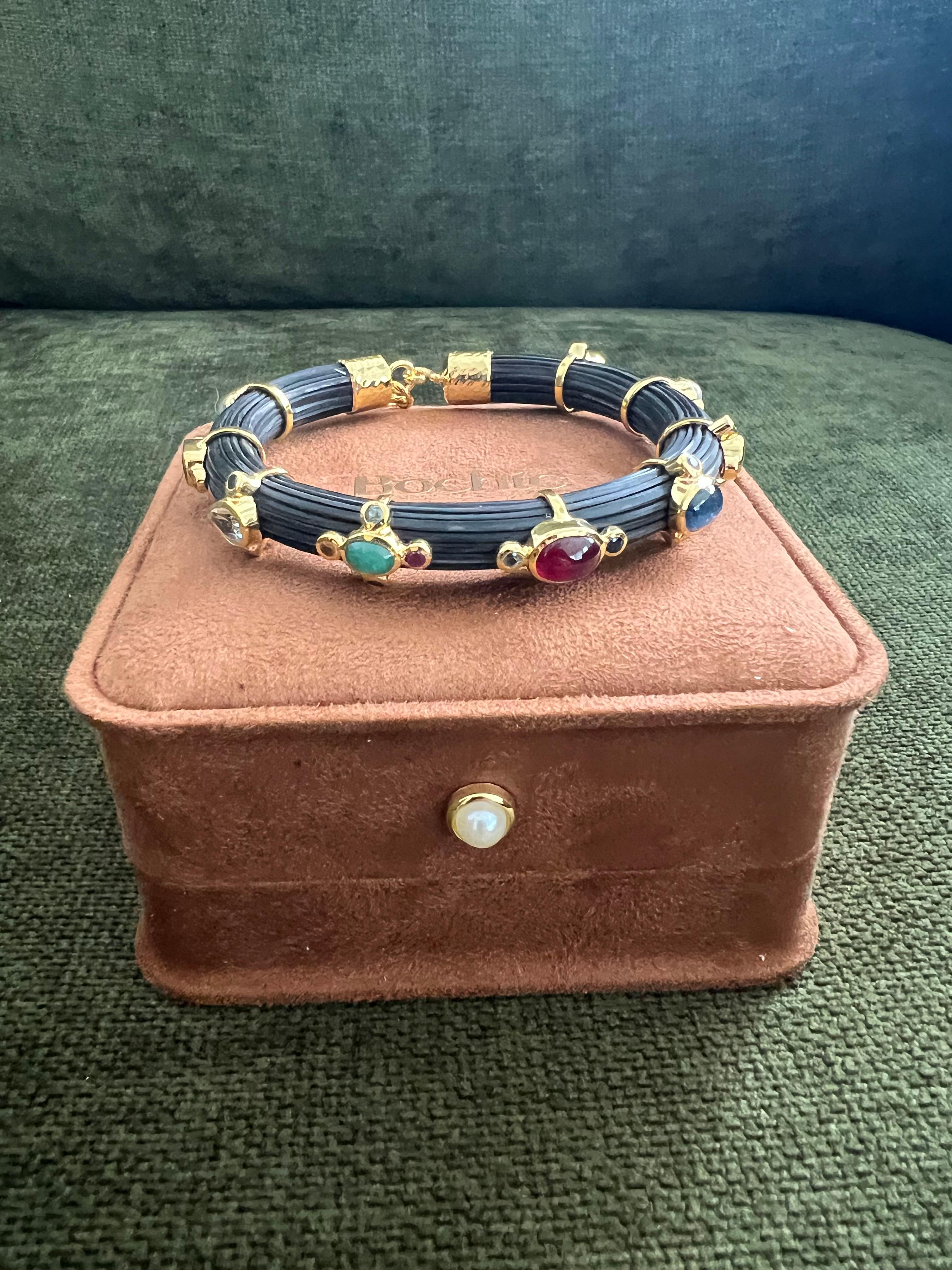 Art Deco Bochic “Capri” Ruby & Multi Color Sapphire Bangle Set In 18K Gold & Silver For Sale