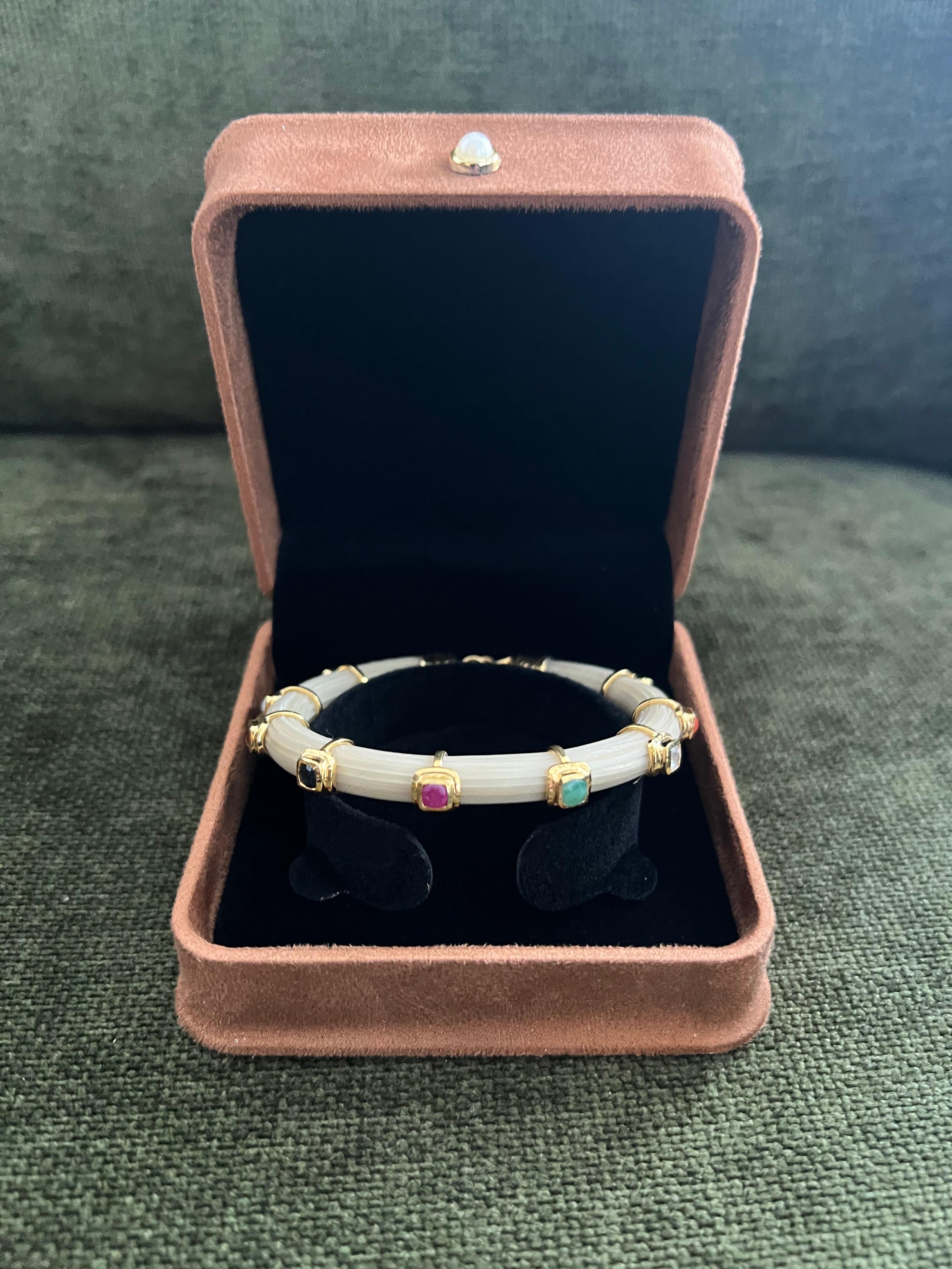 Brilliant Cut Bochic “Capri” Ruby & Multi Color Sapphire Bangle Set In 18K Gold & Silver For Sale