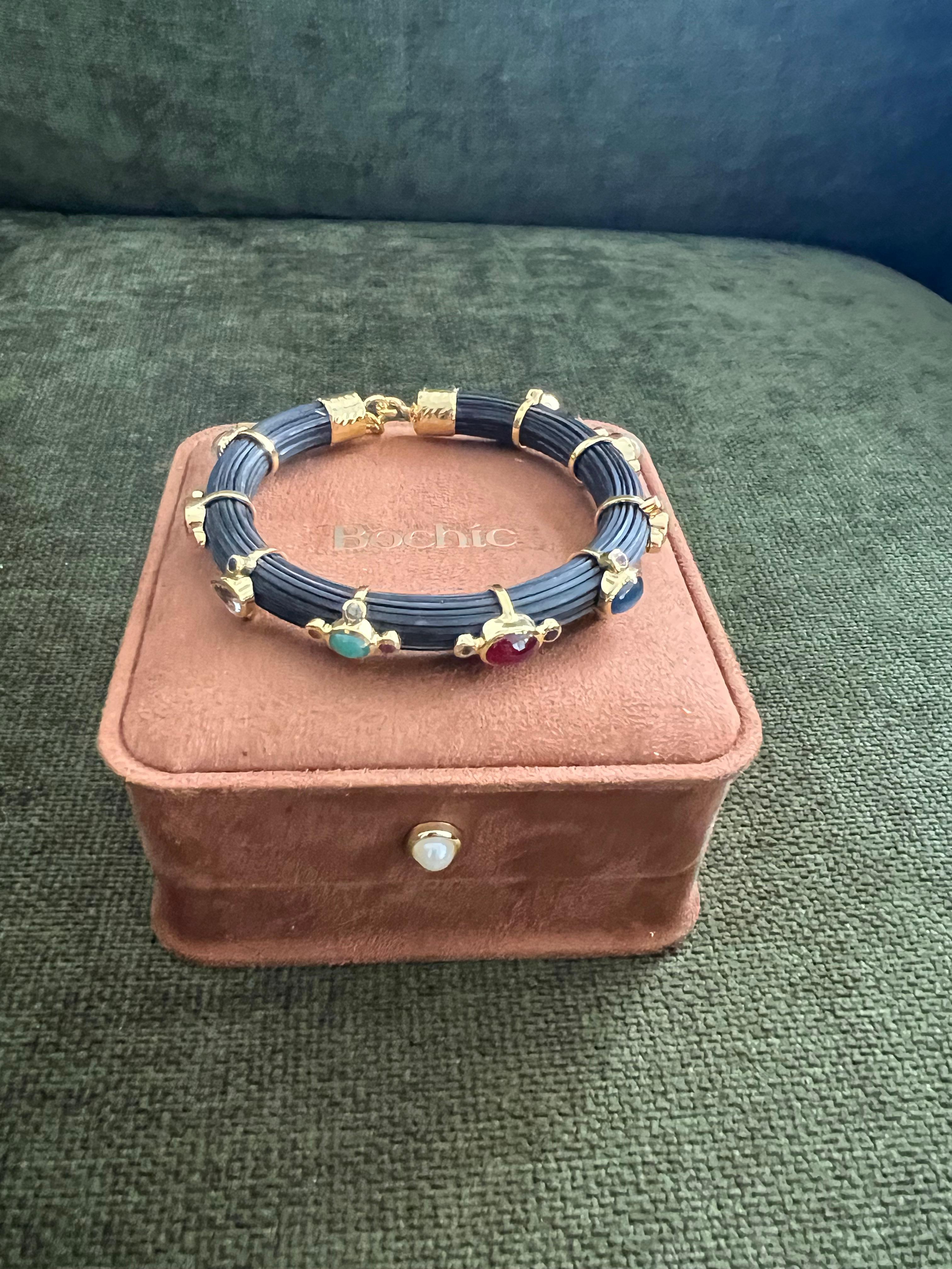 Cabochon Bochic “Capri” Ruby & Multi Color Sapphire Bangle Set In 18K Gold & Silver For Sale