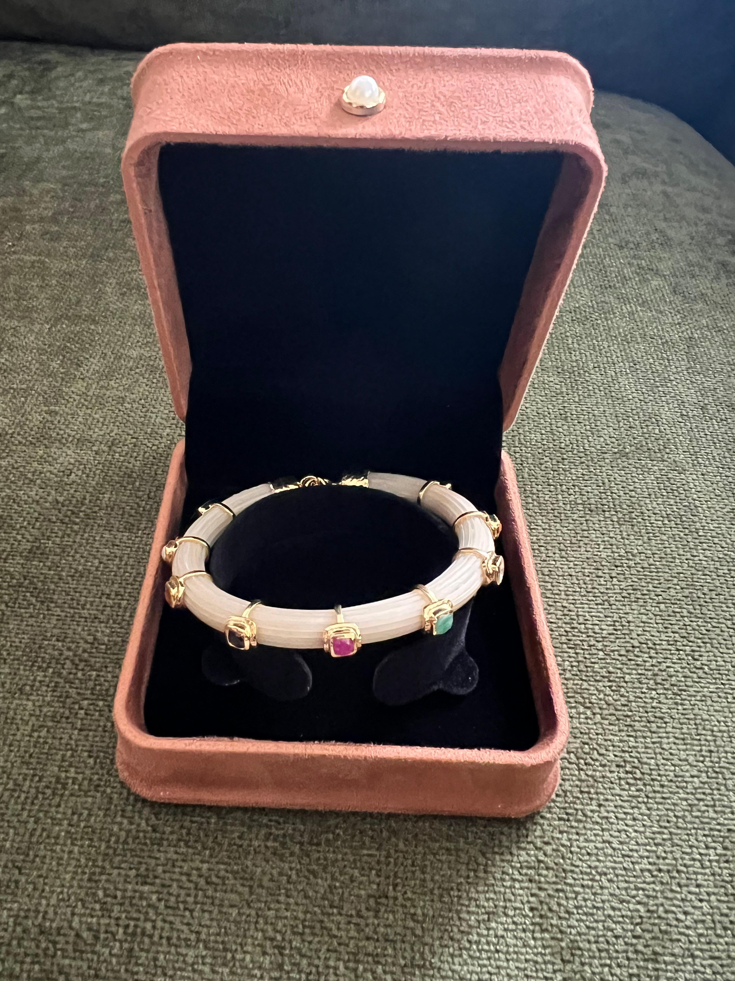 Bochic “Capri” Ruby & Multi Color Sapphire Bangle Set In 18K Gold & Silver In New Condition For Sale In New York, NY