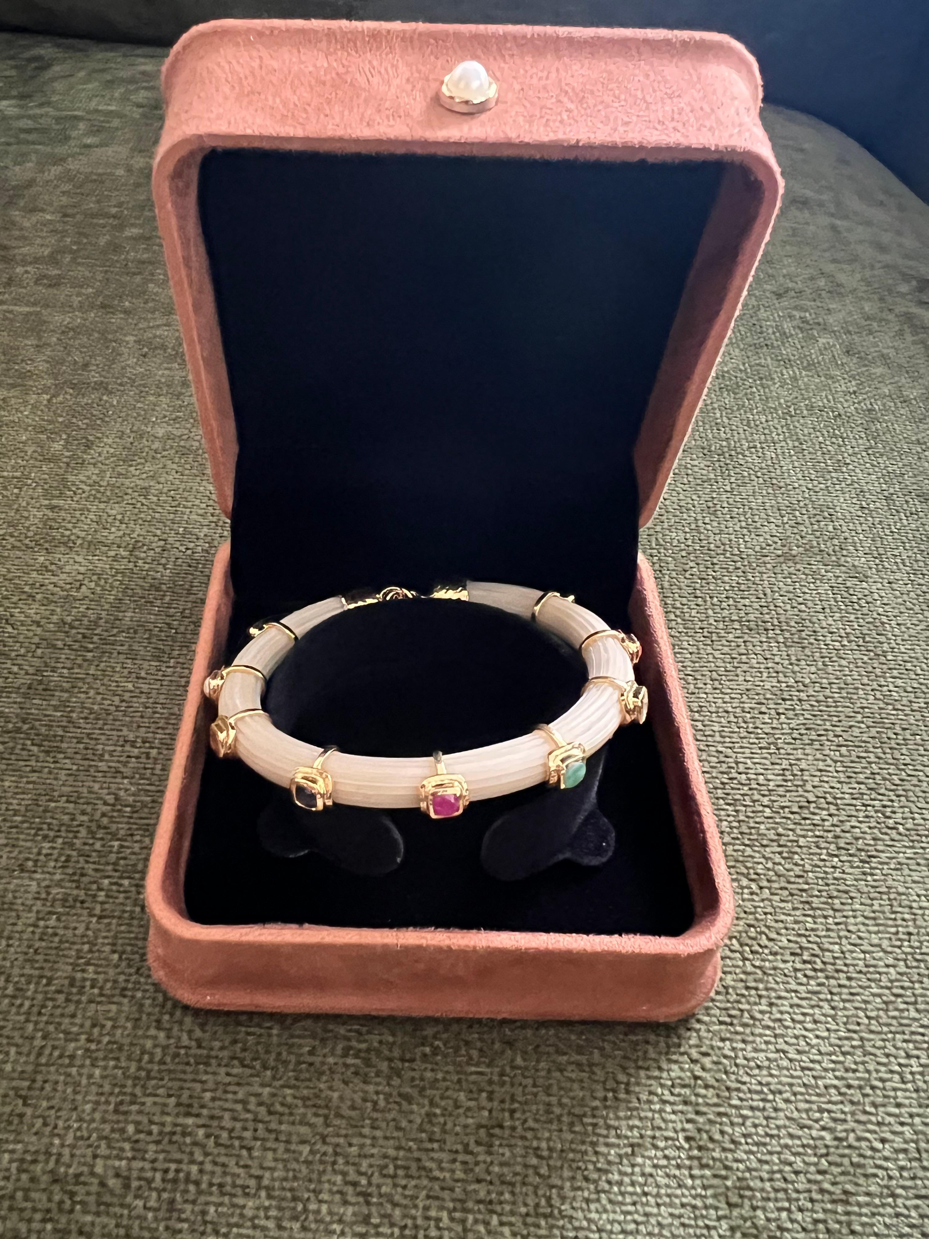 Women's or Men's Bochic “Capri” Ruby & Multi Color Sapphire Bangle Set In 18K Gold & Silver For Sale