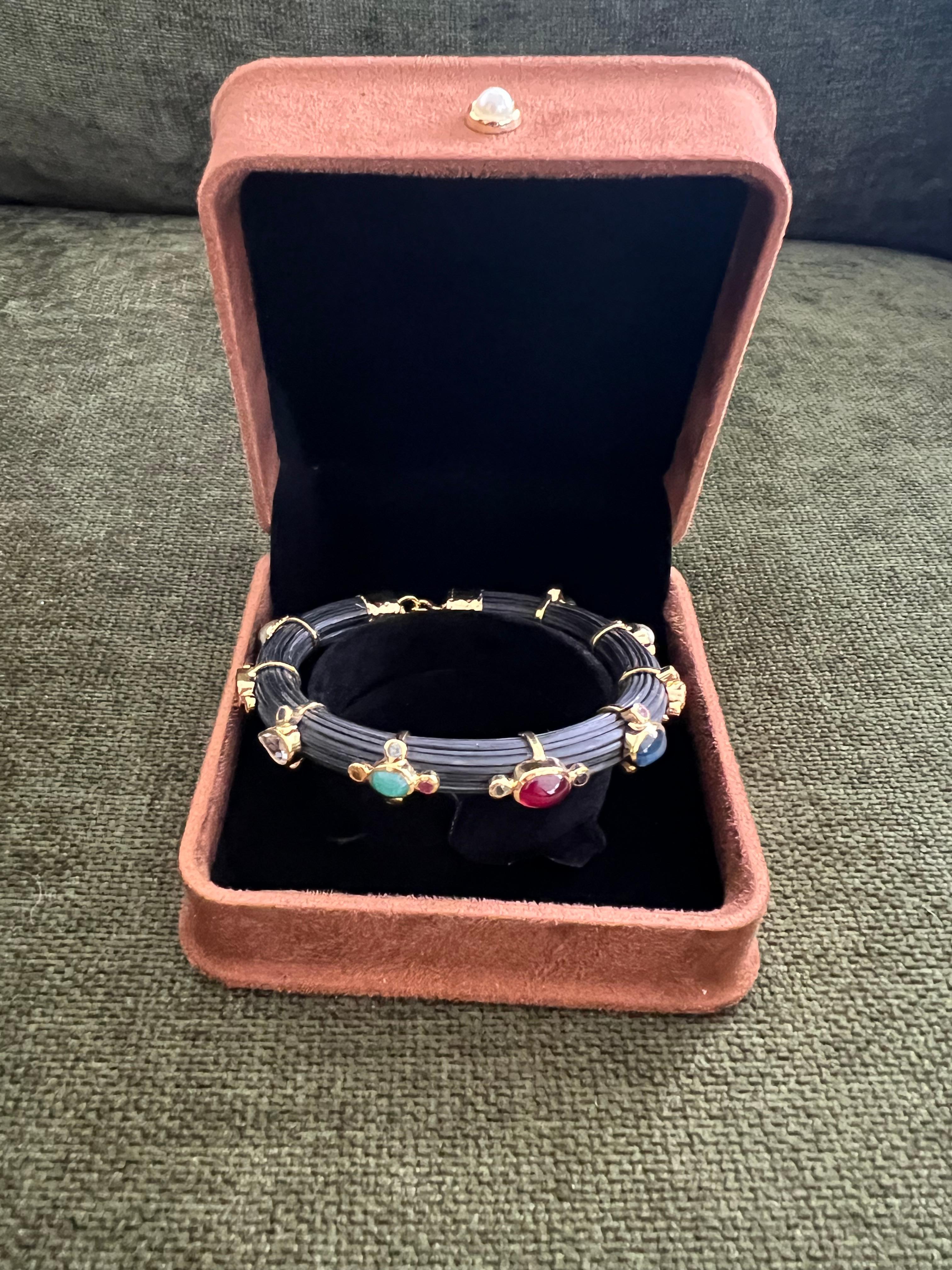 Women's or Men's Bochic “Capri” Ruby & Multi Color Sapphire Bangle Set In 18K Gold & Silver For Sale