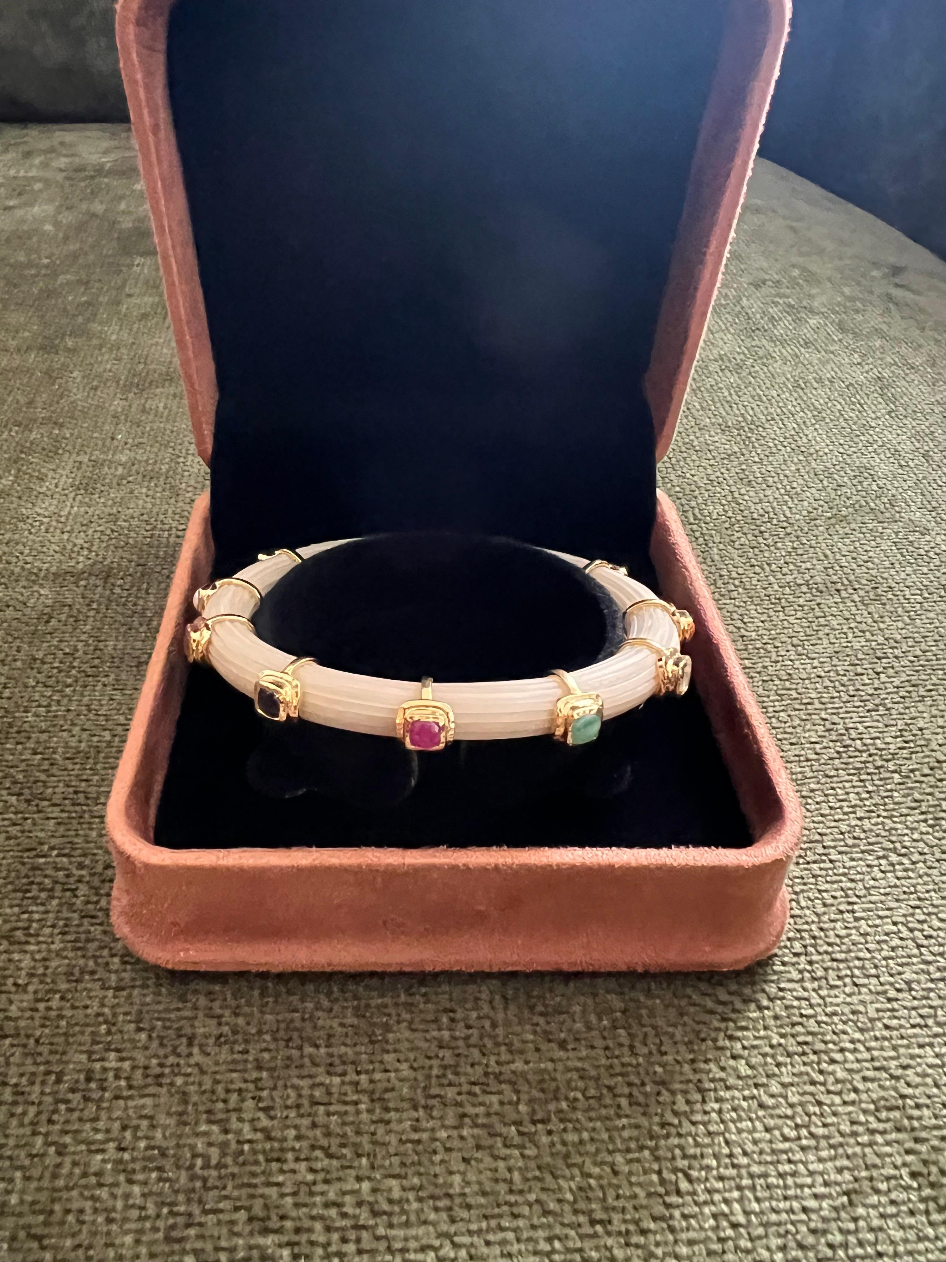Bochic “Capri” Ruby & Multi Color Sapphire Bangle Set In 18K Gold & Silver For Sale 1