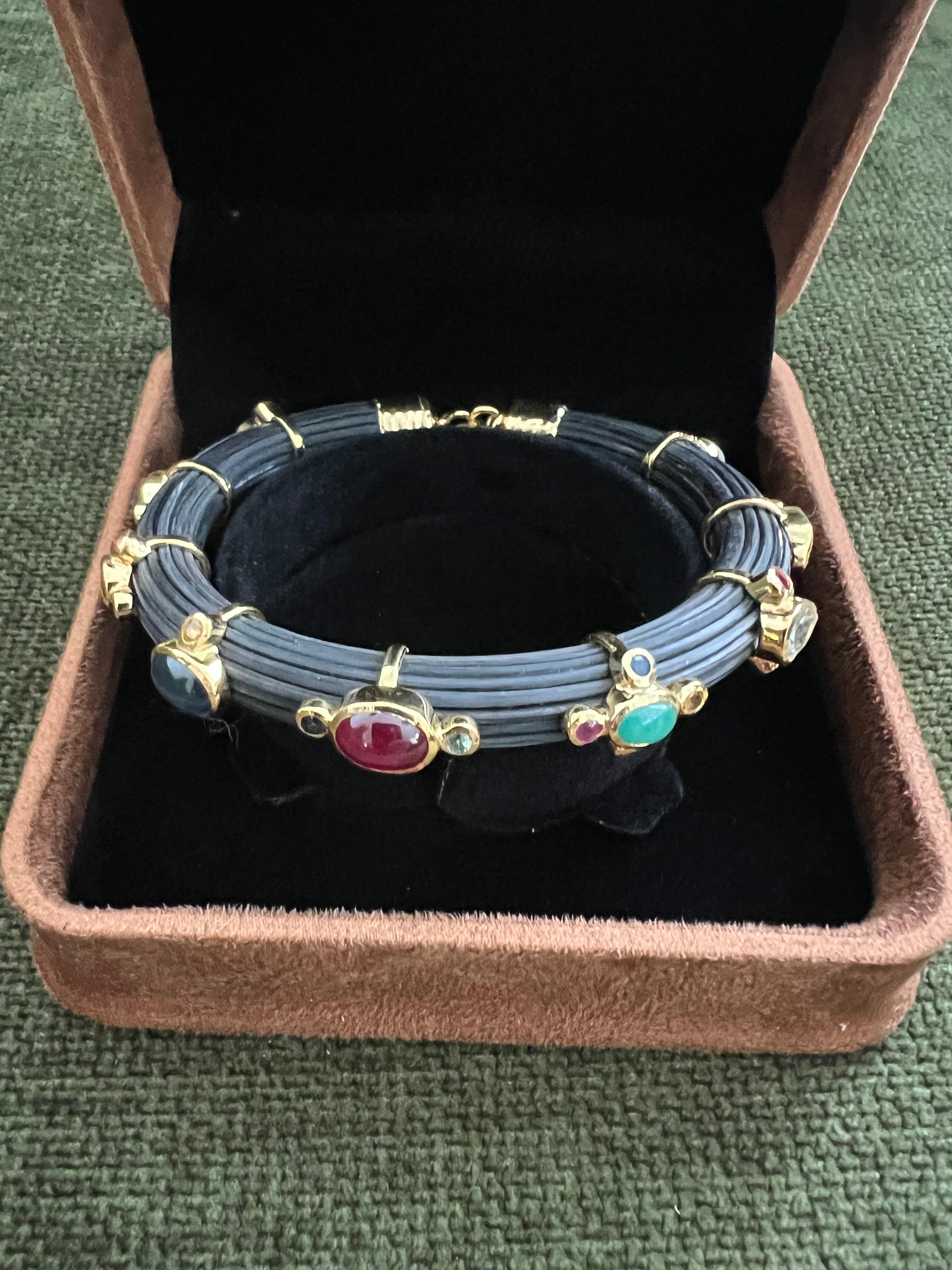 Bochic “Capri” Ruby & Multi Color Sapphire Bangle Set In 18K Gold & Silver For Sale 1