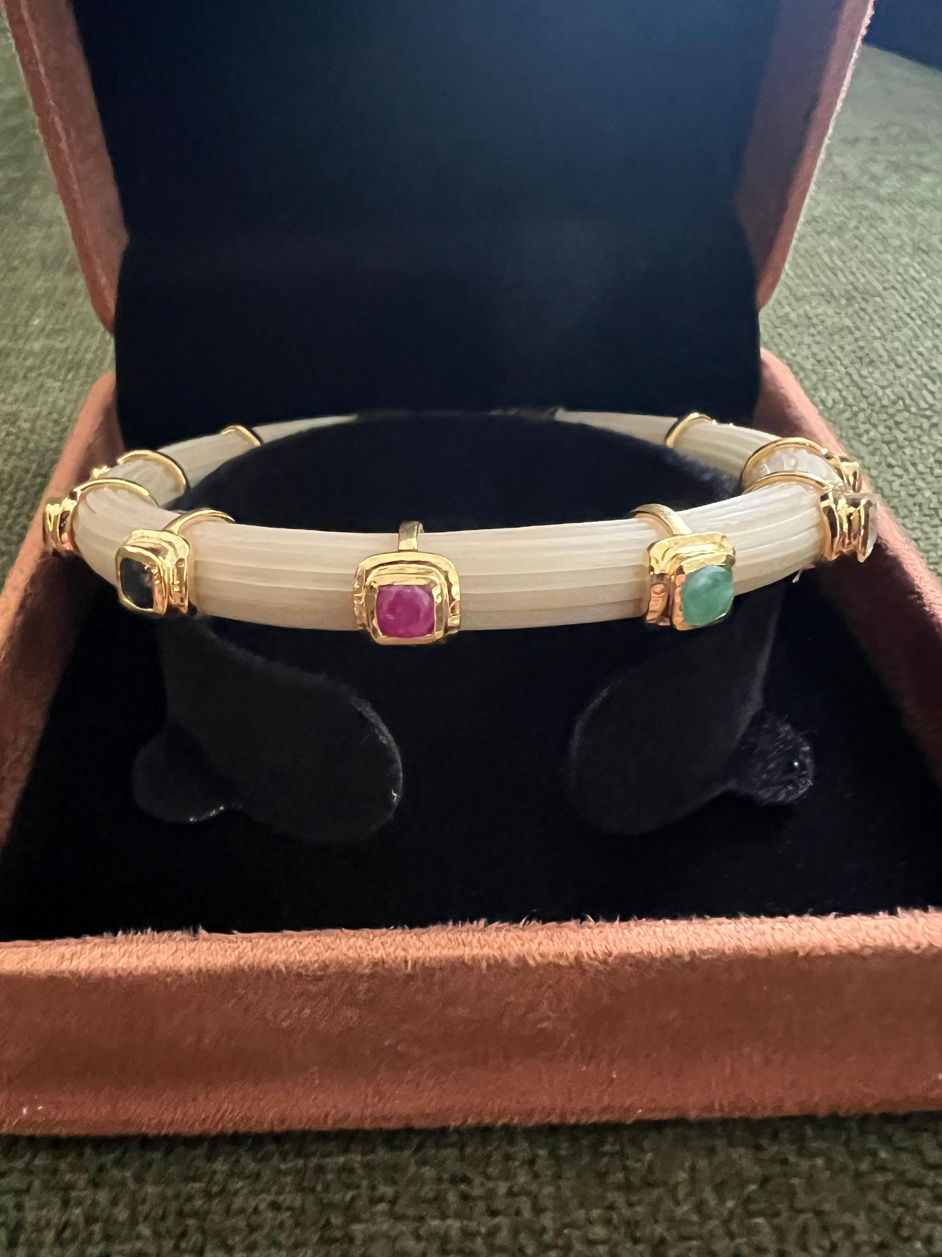 Bochic “Capri” Ruby & Multi Color Sapphire Bangle Set In 18K Gold & Silver For Sale 3