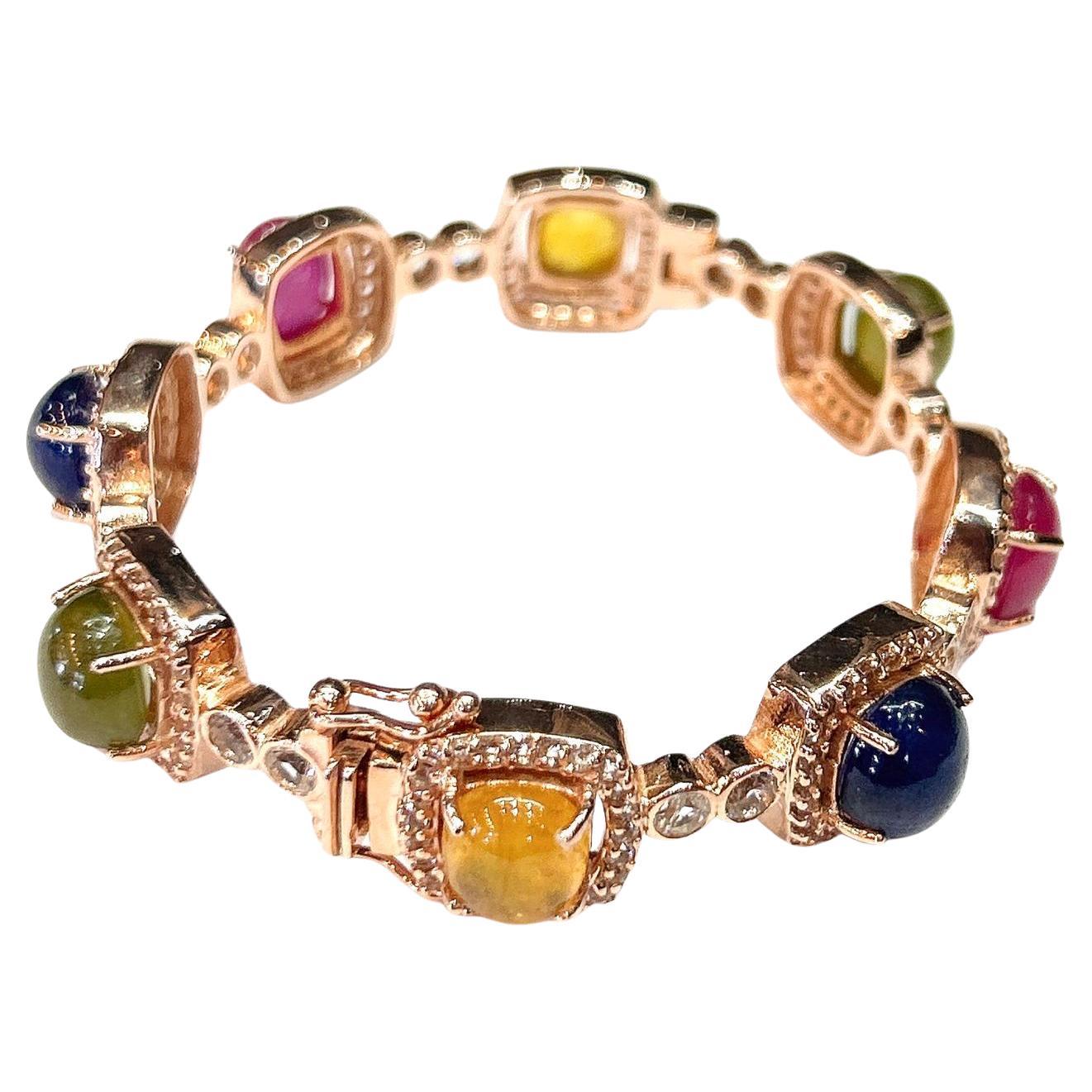 Bochic “Capri” Ruby & Multi Color Sapphire Bangle Set In 18K & Silver