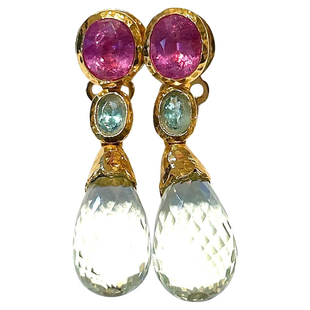 Bochic “Capri” Ruby & Multi Gem Italian Earrings Set 18K Gold&Silver