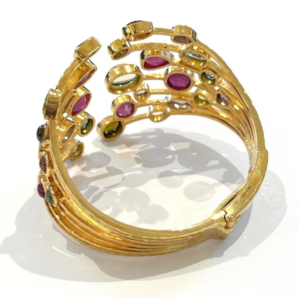 Art Nouveau Bochic “Capri” Ruby & Multi Natural Gem Cuff Set In 18K Gold & Silver  For Sale
