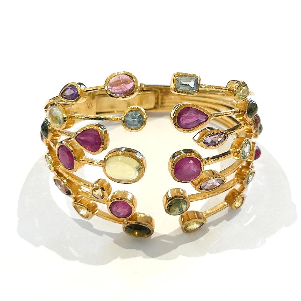 Bochic “Capri” Ruby & Multi Natural Gem Cuff Set In 18K Gold & Silver  In New Condition For Sale In New York, NY