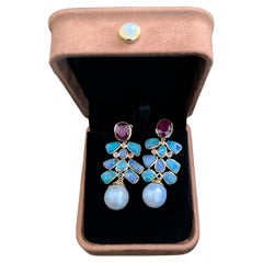 Bochic “Capri” Ruby,  Multi Opals 
Pearl Earrings Set In 18K Gold 
Silver