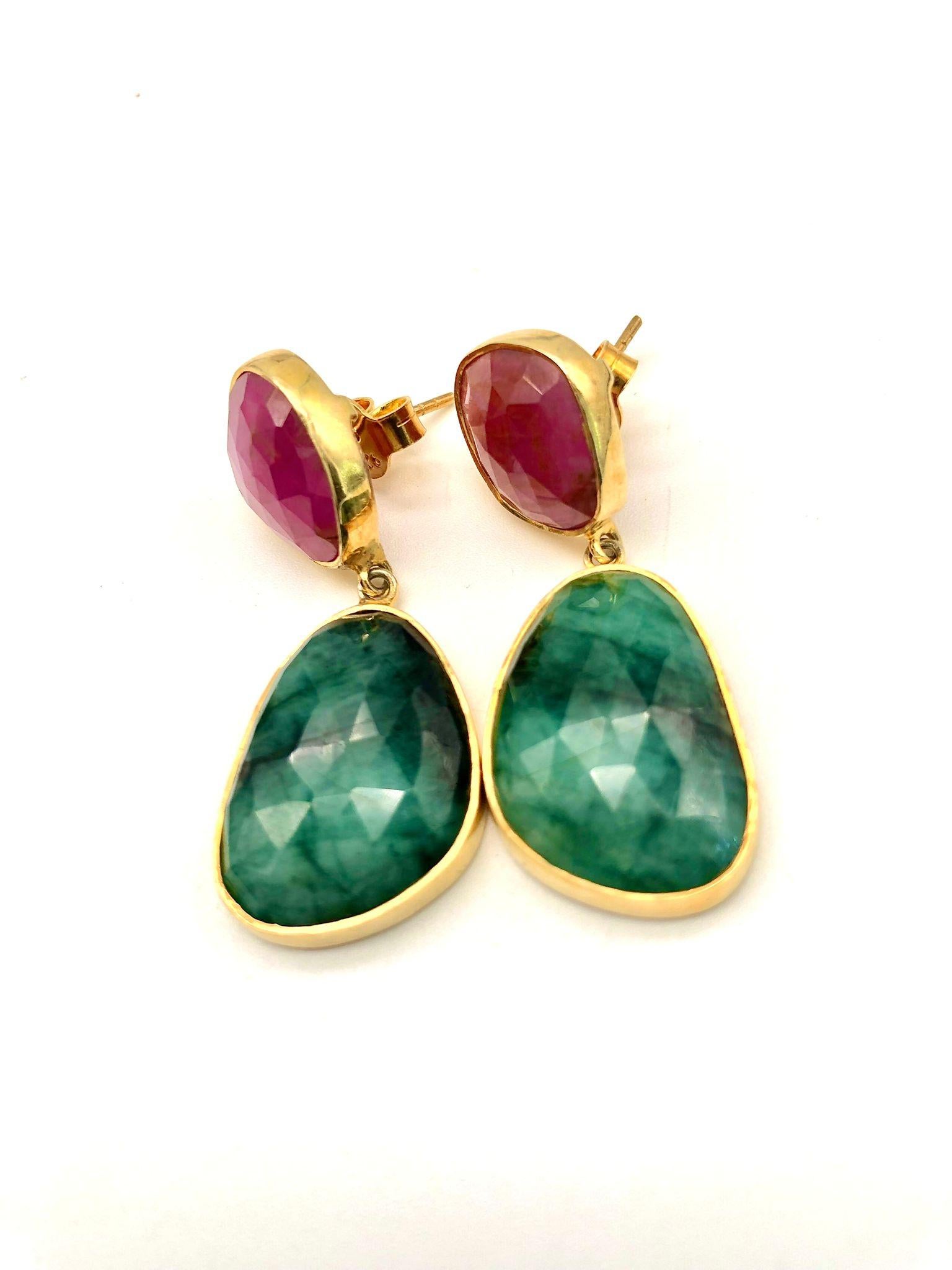 Anglo-Indian Bochic “Capri” Ruby & Multi Rough Cut Emerald Earrings Set In 18K Gold & Silver For Sale