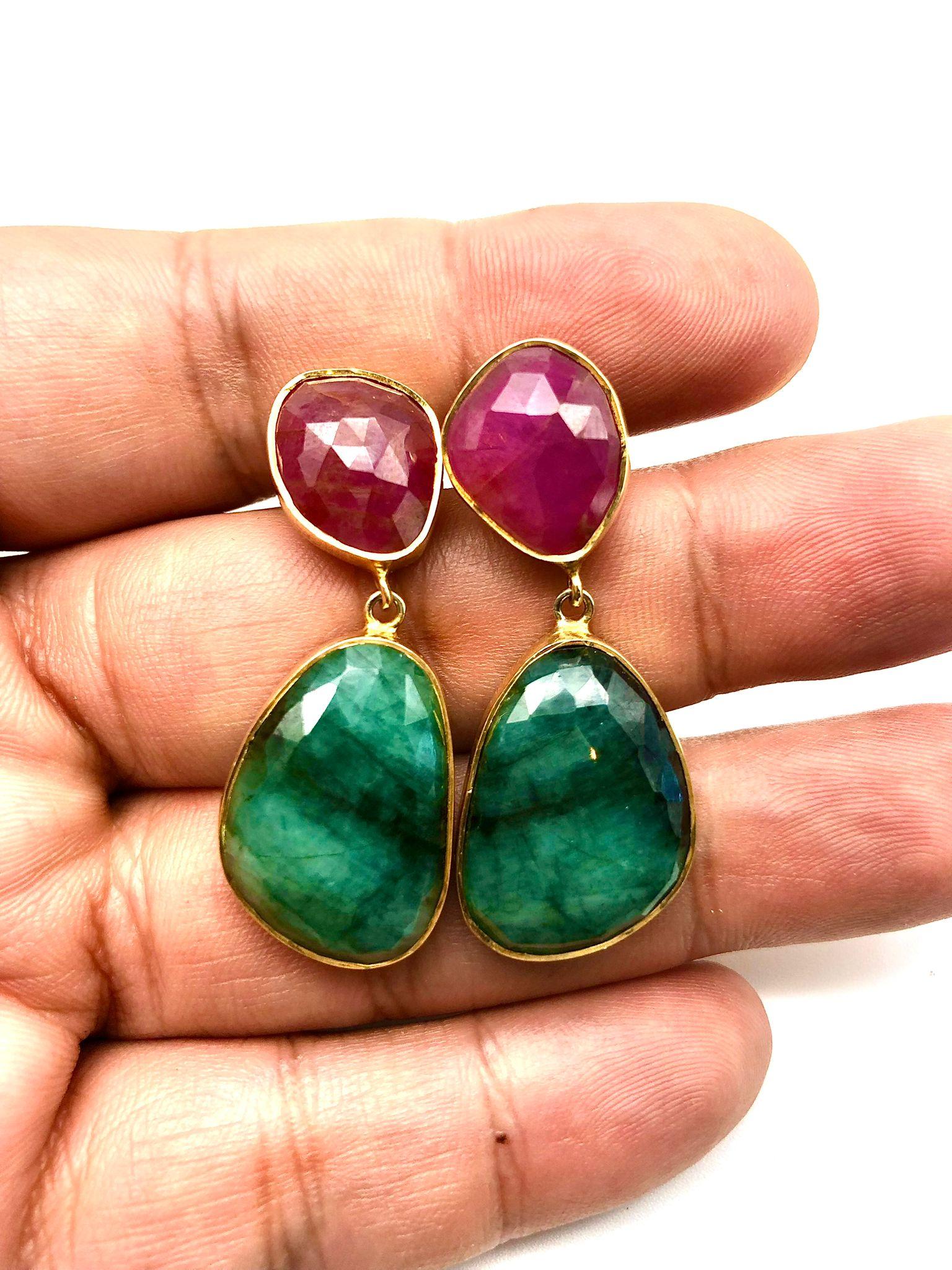 Bochic “Capri” Ruby & Multi Rough Cut Emerald Earrings Set In 18K Gold & Silver In New Condition For Sale In New York, NY