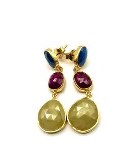 Bochic “Capri” Ruby & Multi Rough Cut Sapphire Earrings Set In 18K Gold & Silver