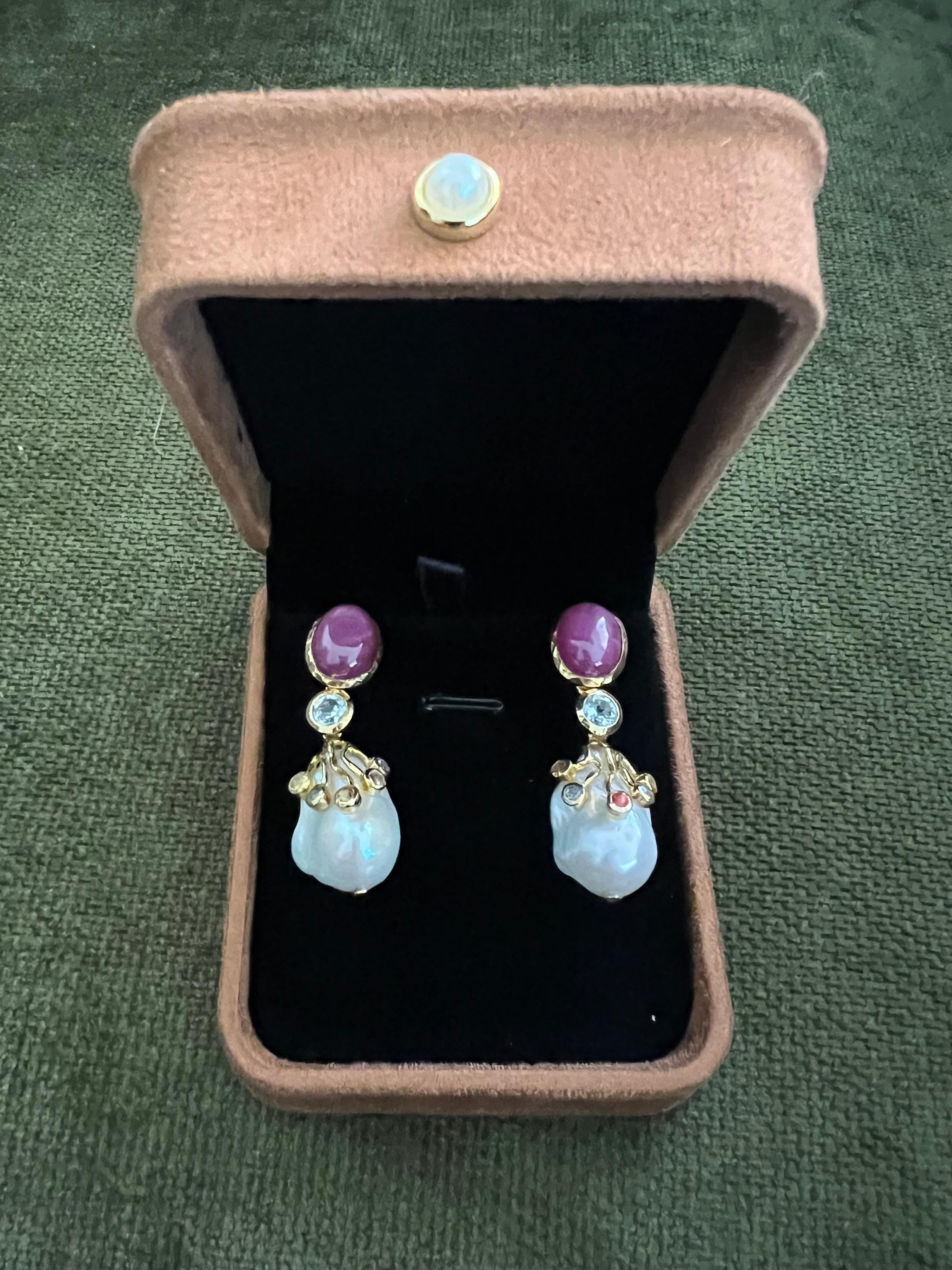 Bochic “Capri” Ruby & Multi Sapphire, Pearl Earrings Set In 18K Gold & Silver For Sale 4