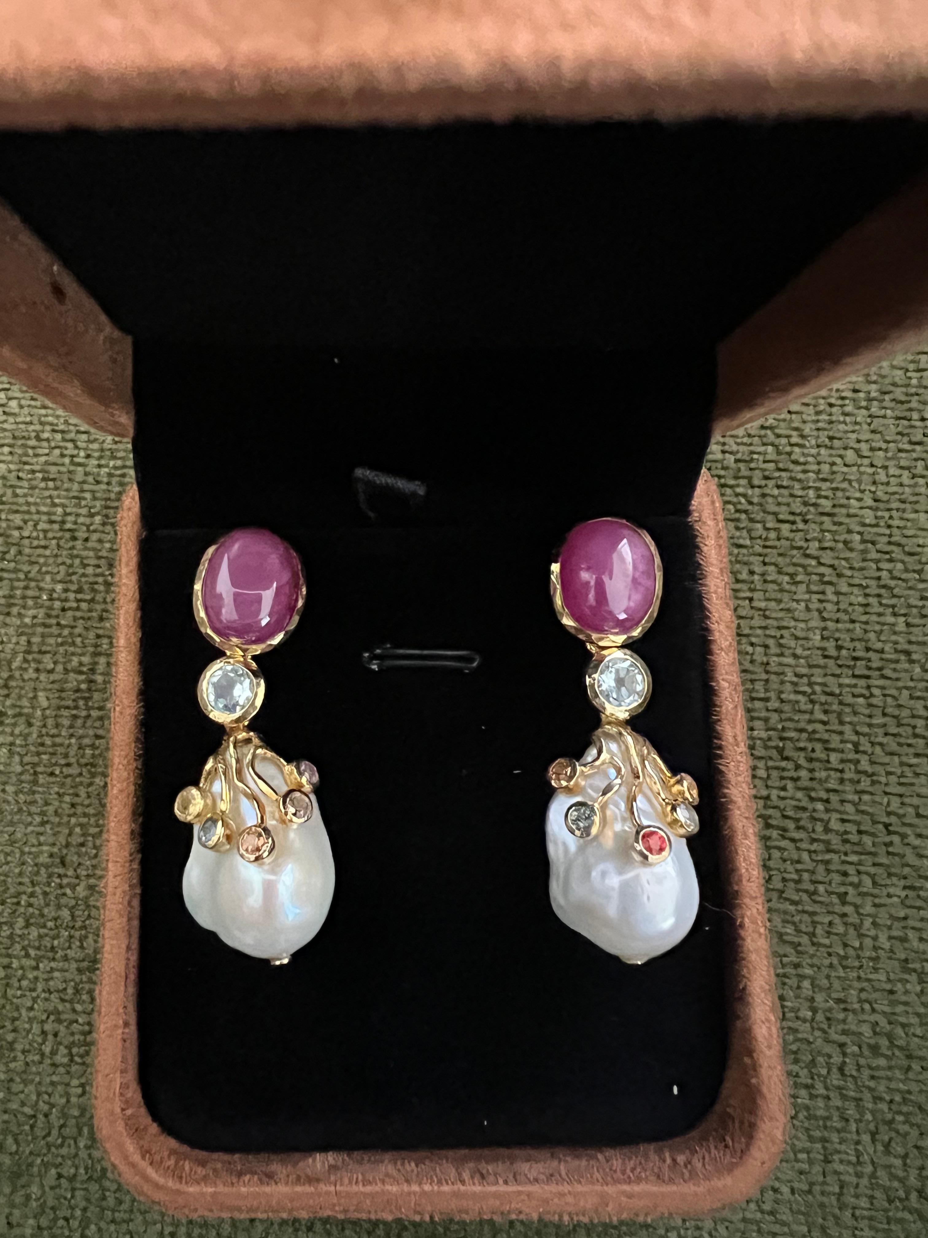Bochic “Capri” Ruby & Multi Sapphire, Pearl Earrings Set In 18K Gold & Silver 

Natural Rubies  - 4 Carat 
Natural Multi Color Sapphire - 1 Carat 
South Sea White Pearls 

The earrings from the 