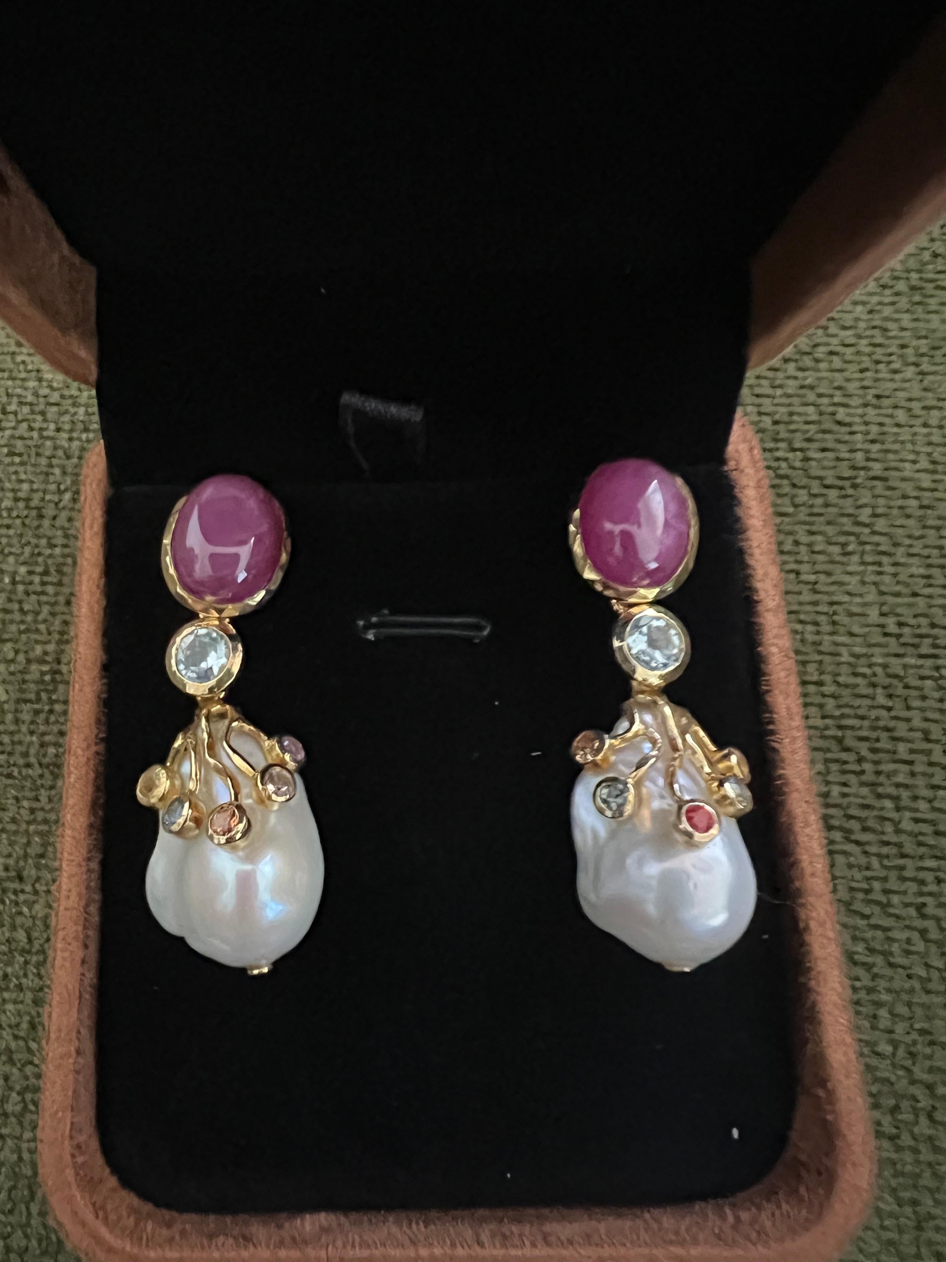 Baroque Bochic “Capri” Ruby & Multi Sapphire, Pearl Earrings Set In 18K Gold & Silver For Sale