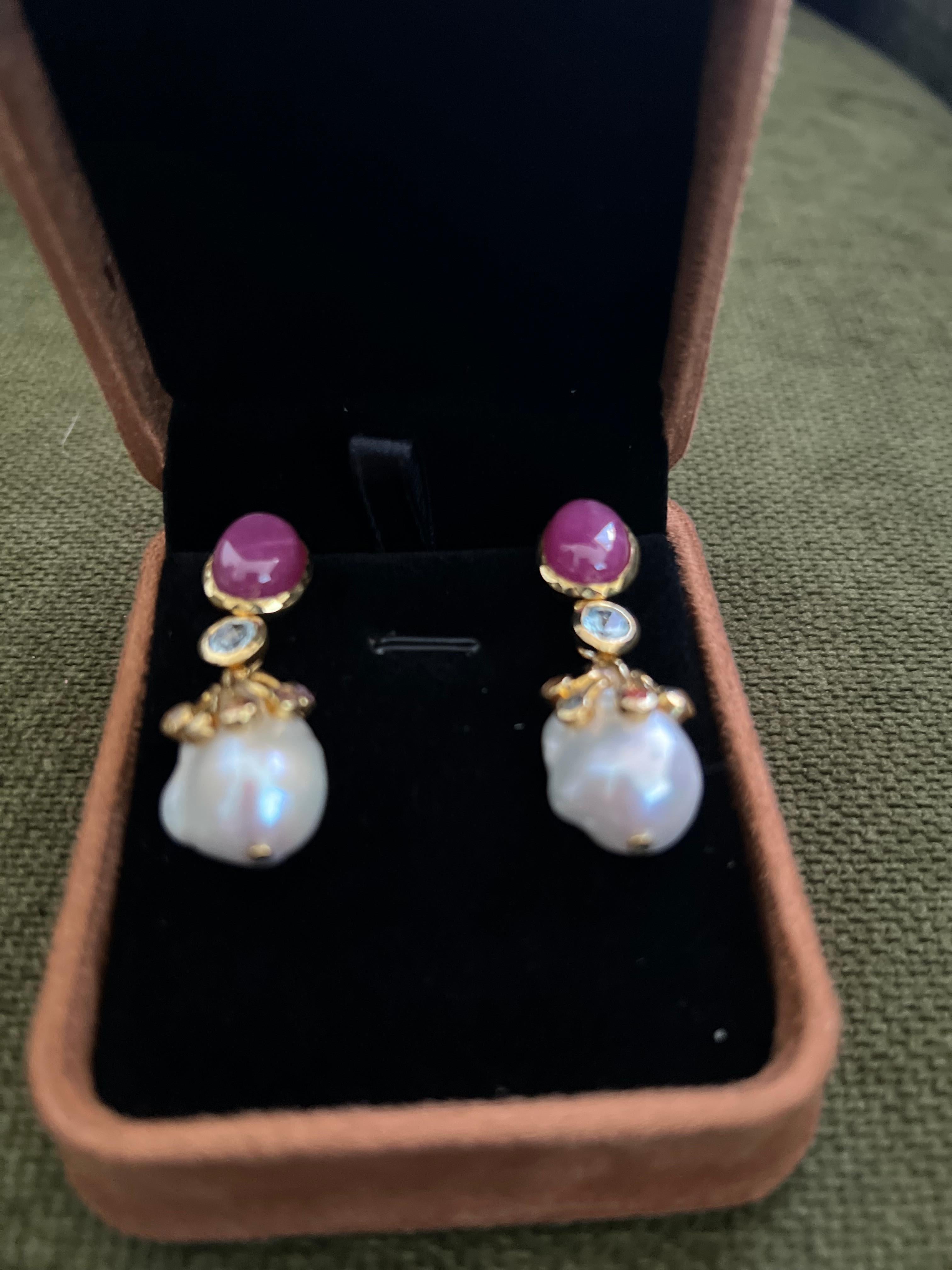 Cabochon Bochic “Capri” Ruby & Multi Sapphire, Pearl Earrings Set In 18K Gold & Silver For Sale