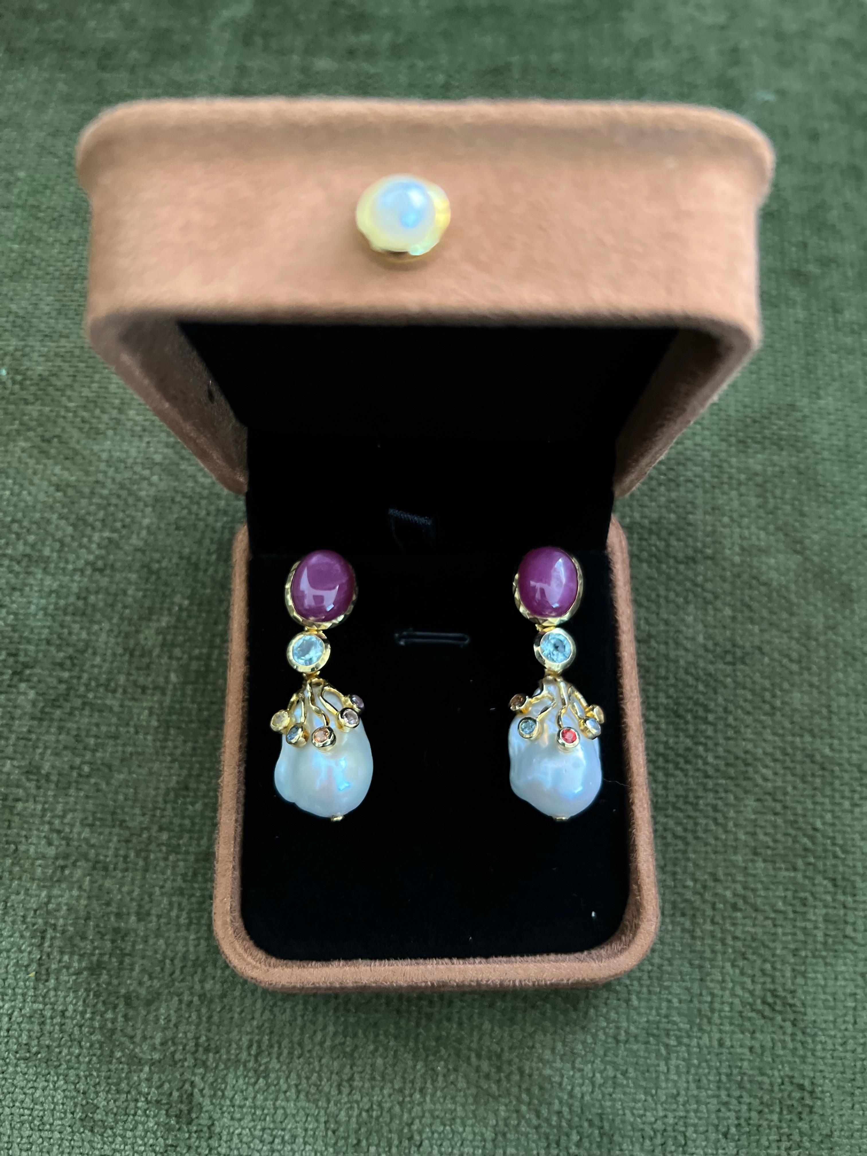 Bochic “Capri” Ruby & Multi Sapphire, Pearl Earrings Set In 18K Gold & Silver In New Condition For Sale In New York, NY