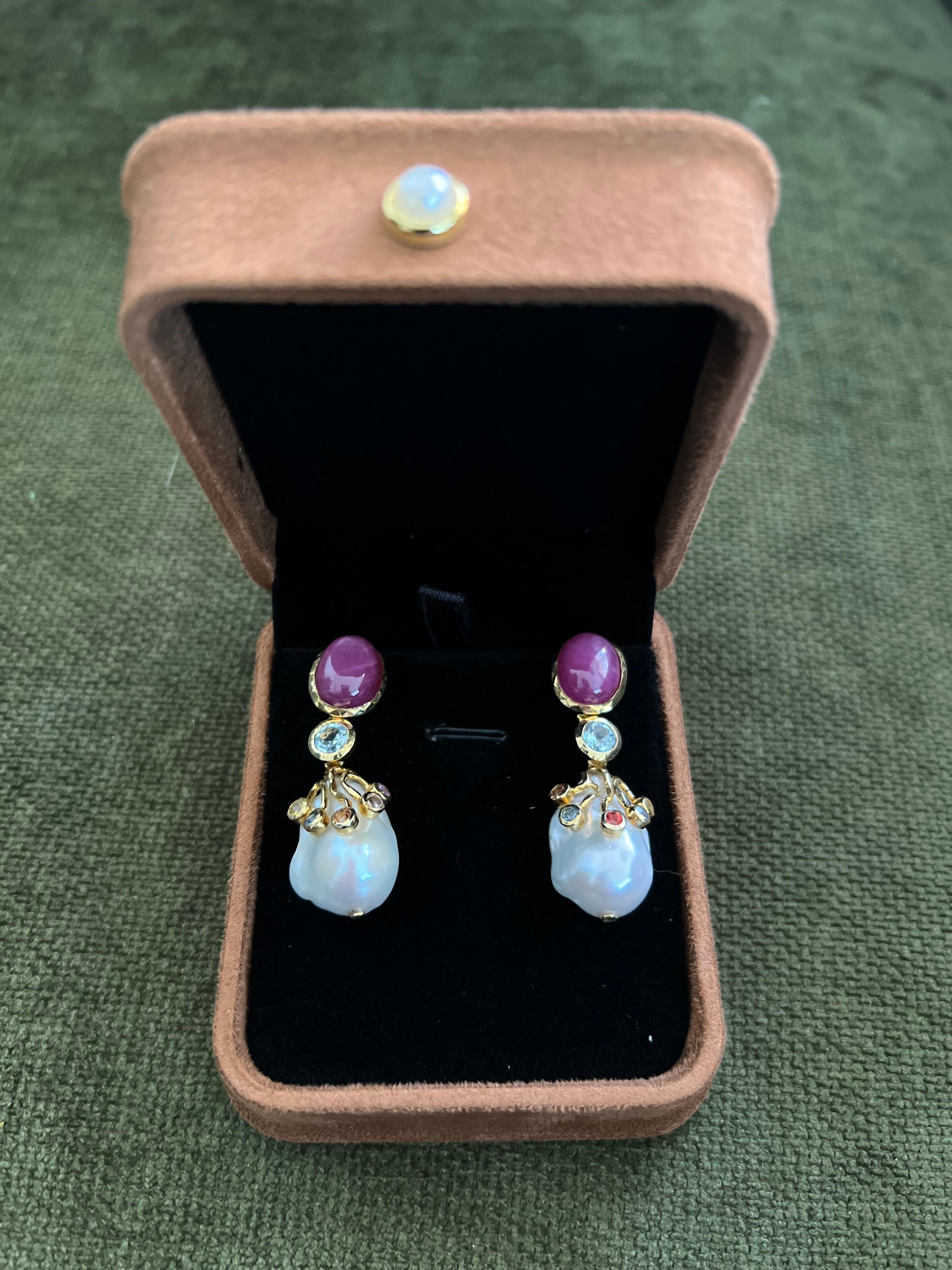 Women's or Men's Bochic “Capri” Ruby & Multi Sapphire, Pearl Earrings Set In 18K Gold & Silver For Sale