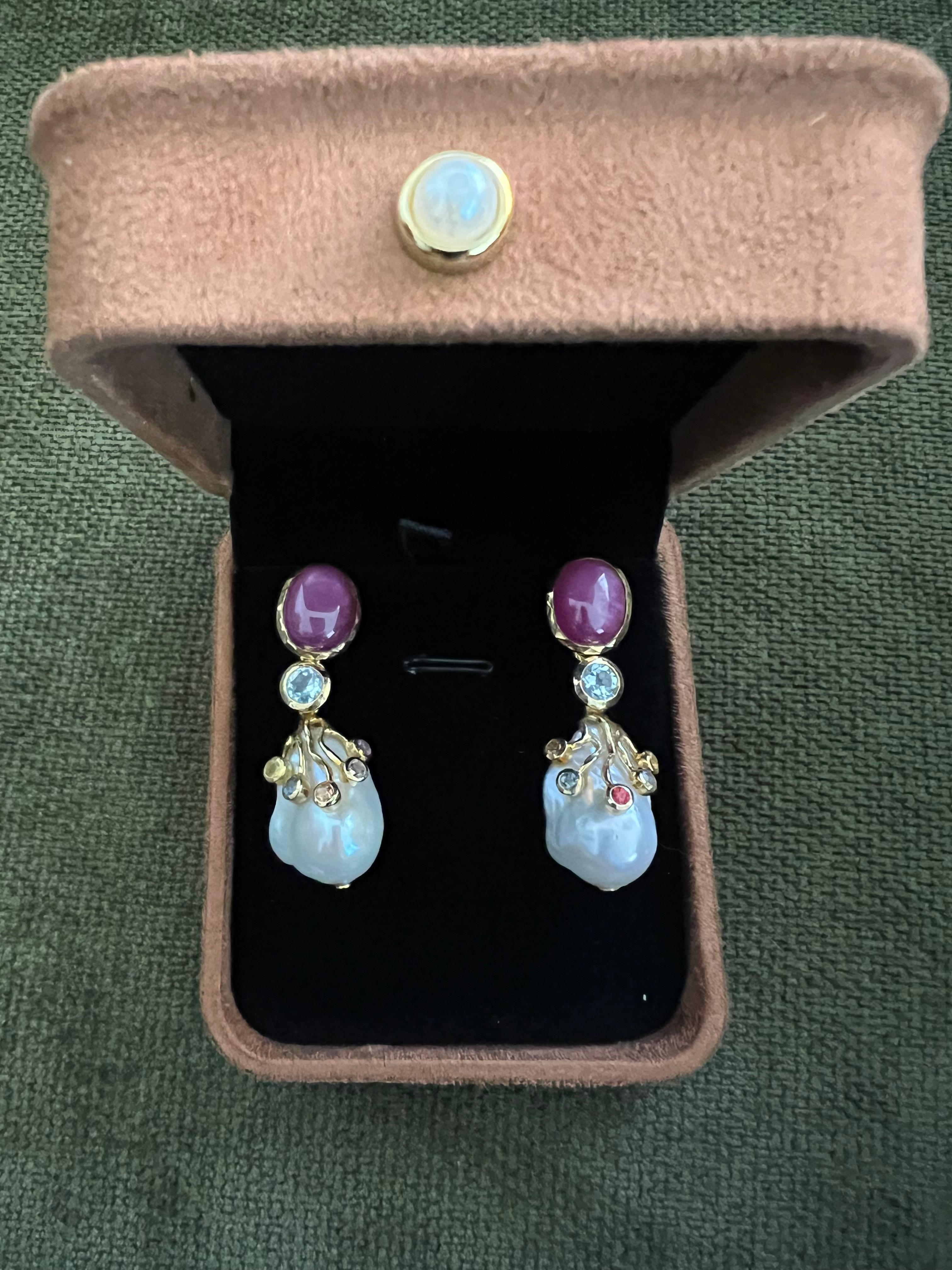 Bochic “Capri” Ruby & Multi Sapphire, Pearl Earrings Set In 18K Gold & Silver For Sale 1