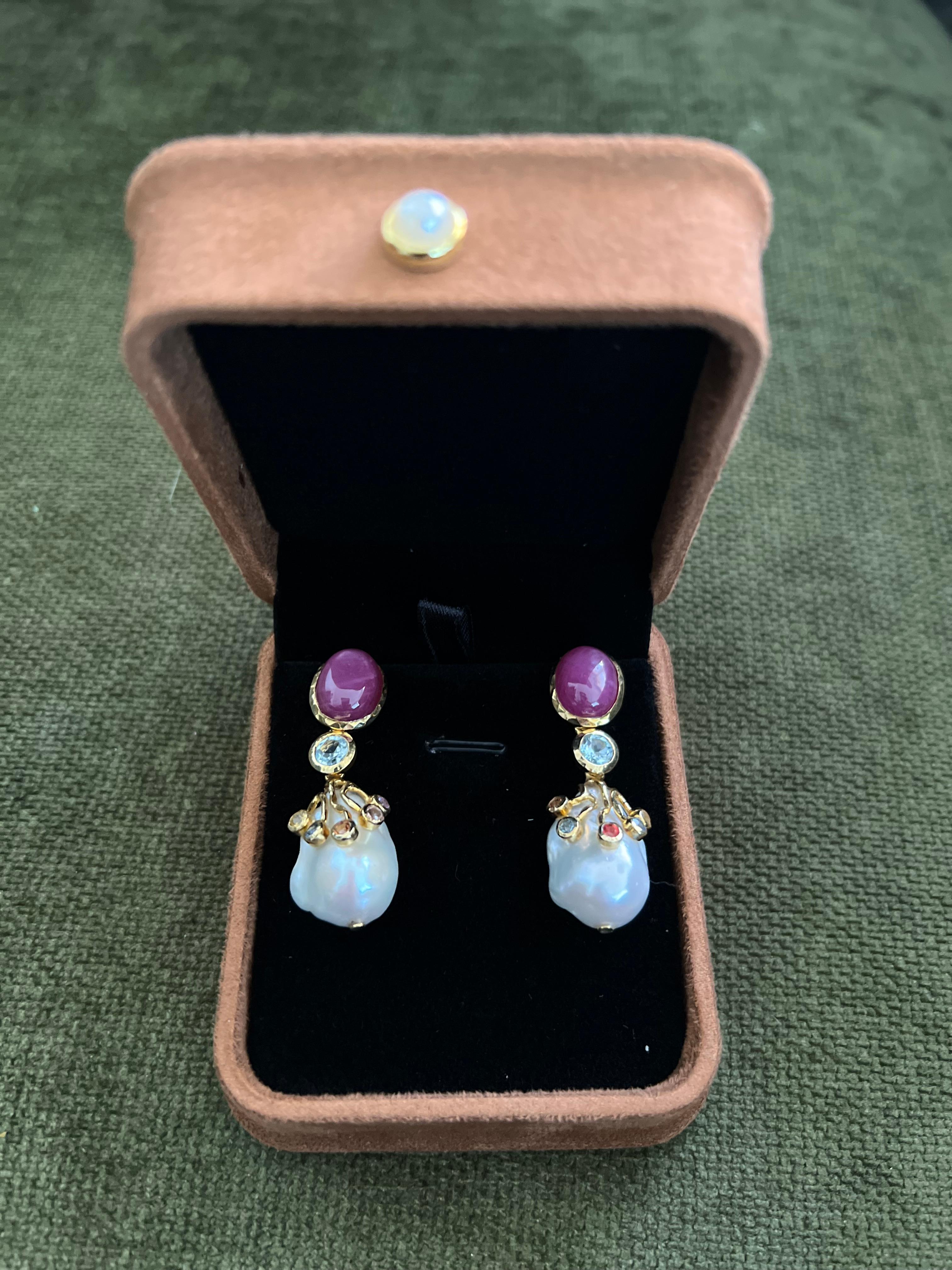 Bochic “Capri” Ruby & Multi Sapphire, Pearl Earrings Set In 18K Gold & Silver For Sale 2