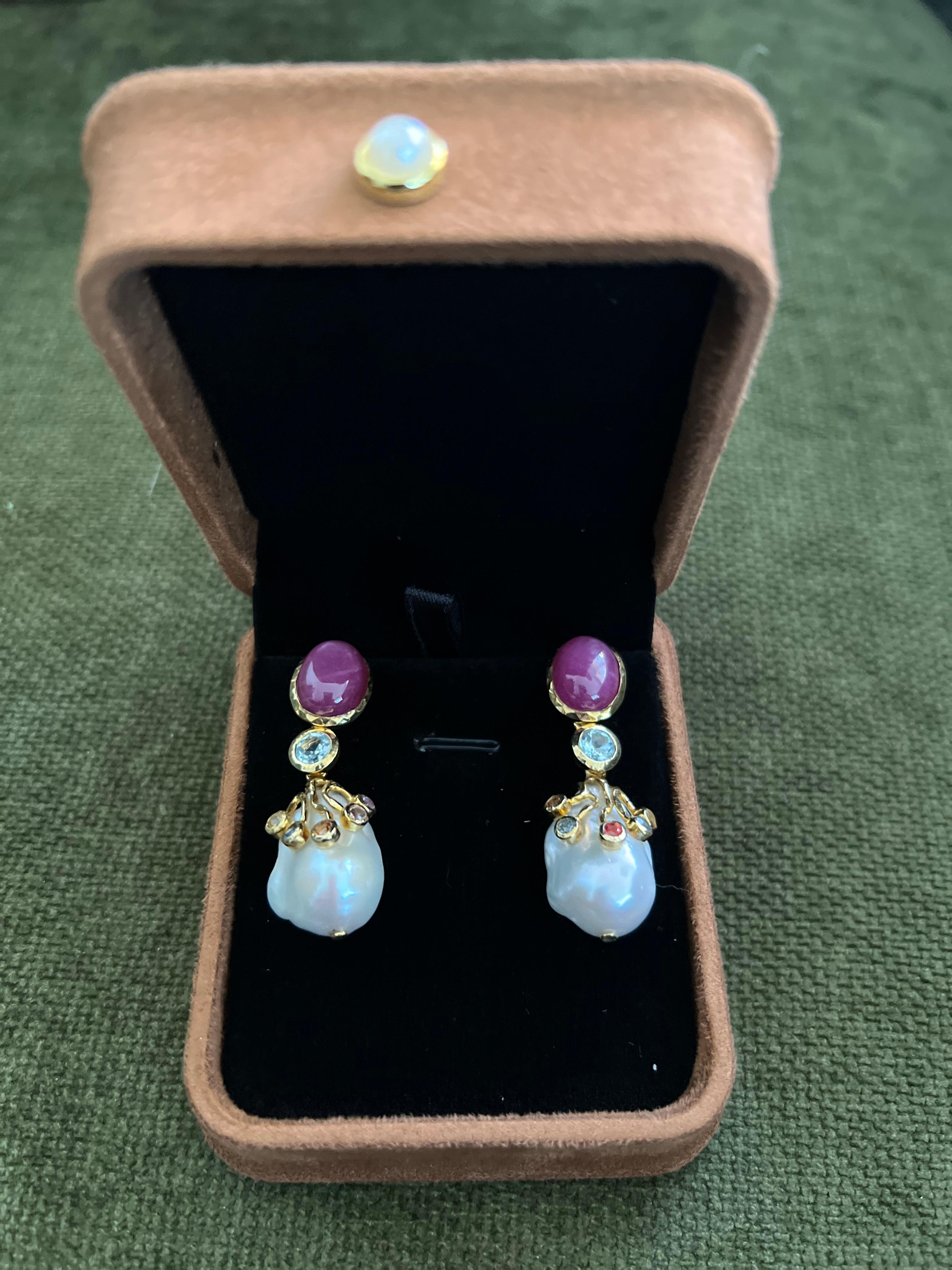 Bochic “Capri” Ruby & Multi Sapphire, Pearl Earrings Set In 18K Gold & Silver For Sale 3