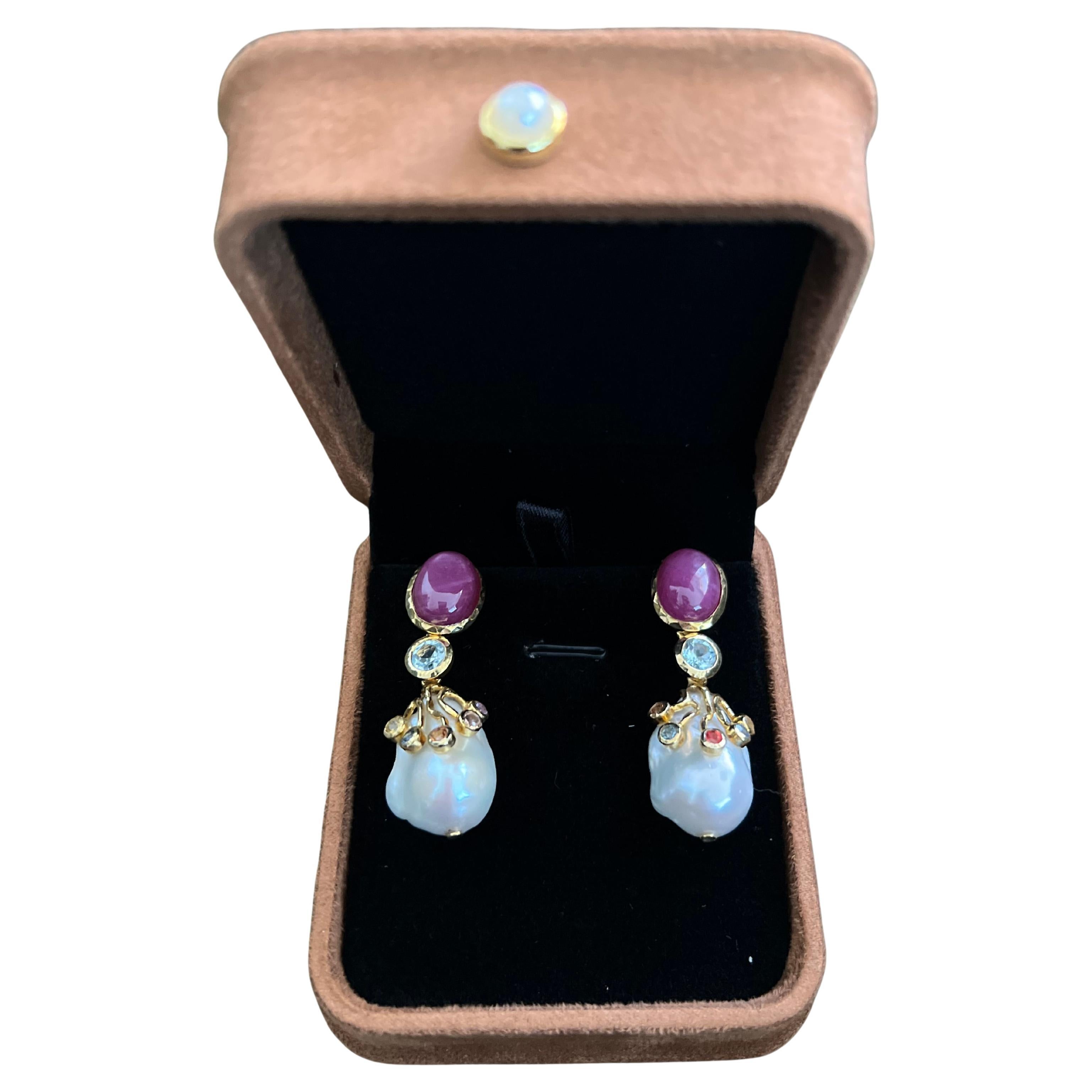 Bochic “Capri” Ruby & Multi Sapphire, Pearl Earrings Set In 18K Gold & Silver