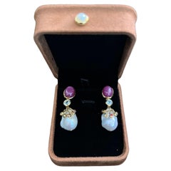 Bochic “Capri” Ruby & Multi Sapphire, Pearl Earrings Set In 18K Gold & Silver