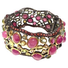 Bochic “Capri” Ruby & Multi Tourmaline & Sapphire Cuff Set In 18K Gold & Silver
