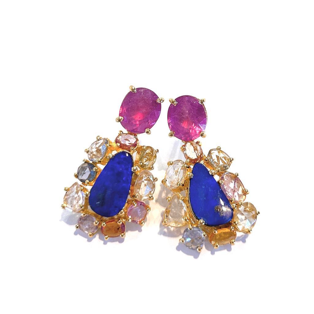 Baroque Bochic “Capri” Ruby, Opal & Rose Cut Sapphire Earrings Set In 18K Gold & Silver  For Sale