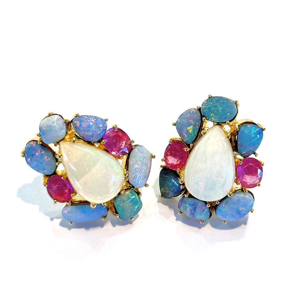 Baroque Bochic “Capri” Ruby, Opal & Rose Cut Sapphire Earrings Set In 18K Gold & Silver For Sale
