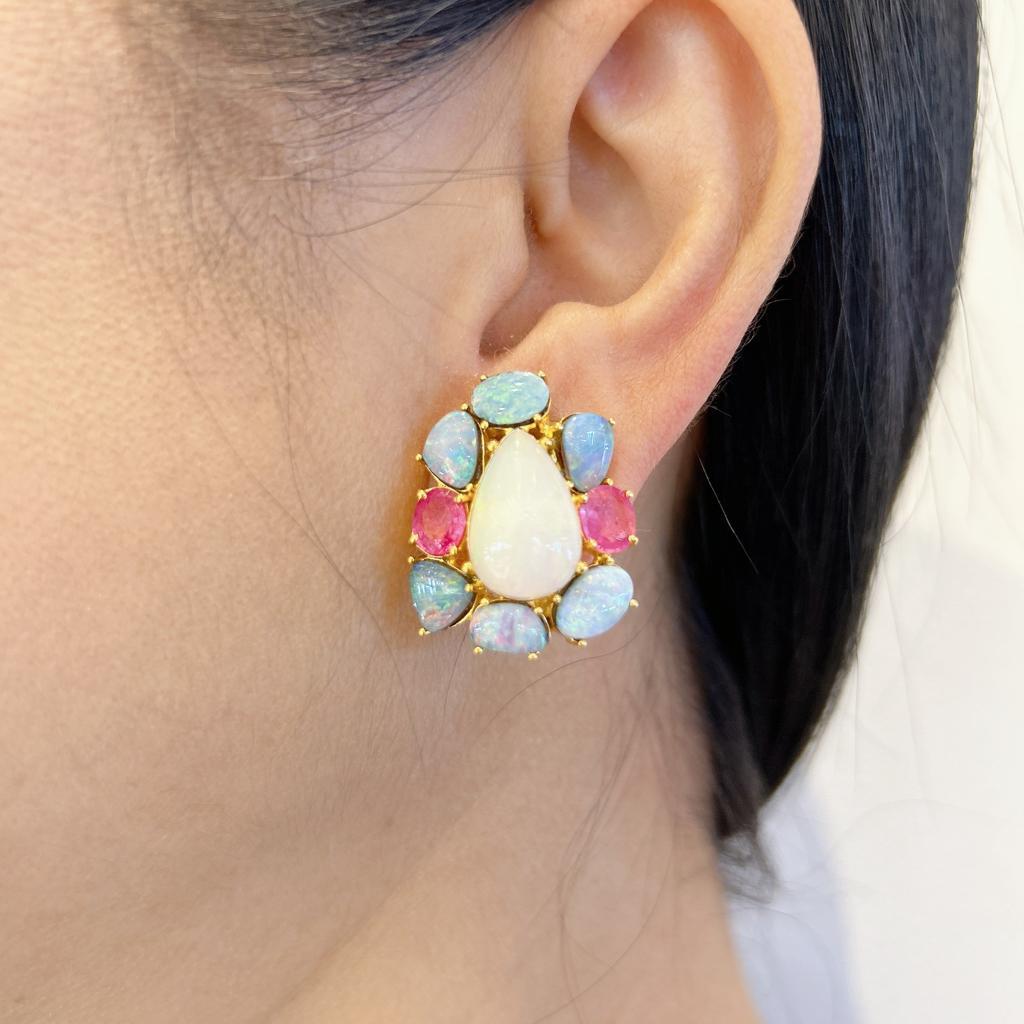 Bochic “Capri” Ruby, Opal & Rose Cut Sapphire Earrings Set In 18K Gold & Silver  In New Condition For Sale In New York, NY