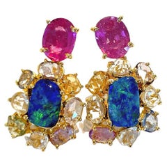 Bochic “Capri” Ruby, Opal & Rose Cut Sapphire Earrings Set In 18K Gold & Silver