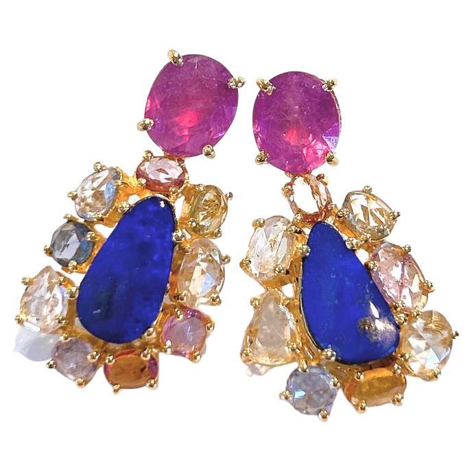 Bochic “Capri” Ruby, Opal & Rose Cut Sapphire Earrings Set In 18K Gold & Silver  For Sale