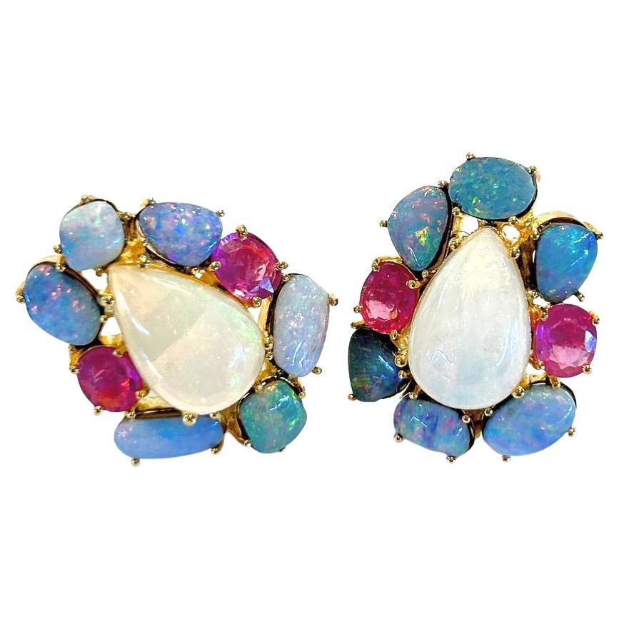 Bochic “Capri” Ruby, Opal & Rose Cut Sapphire Earrings Set In 18K Gold & Silver  For Sale