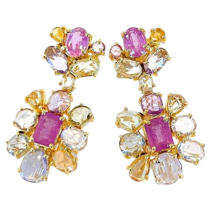 Bochic “Capri” Ruby & Rose Cut Sapphire Earrings Set In 18K Gold & Silver  For Sale
