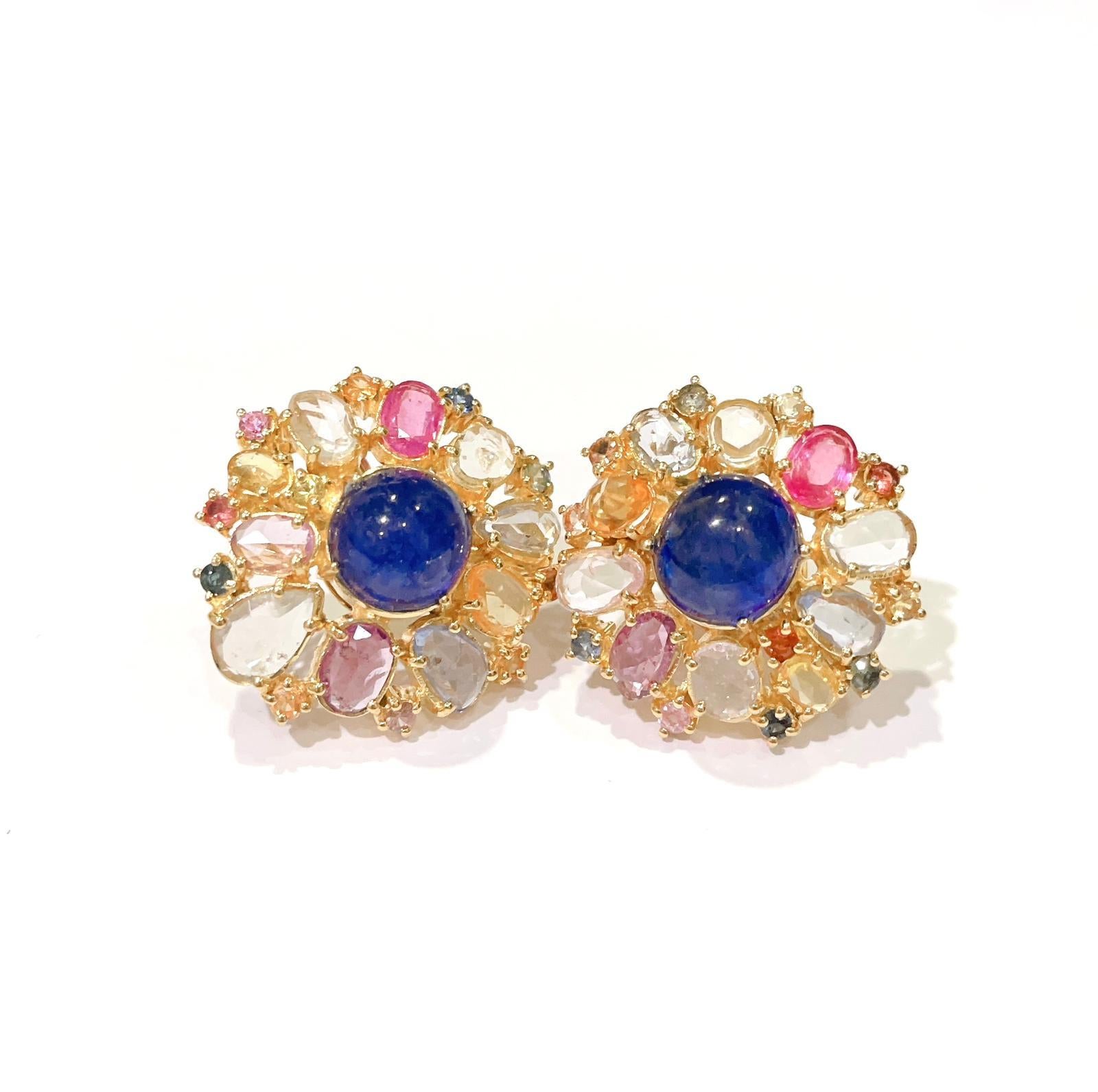 Bochic “Capri” Blue Sapphire, Ruby & Rose Cut Sapphire Earrings Set In 18K Gold & Silver 
From the “Capri” collection 
Natural Blue Sapphire Cabochons - 20 carats 
Cabochon Round shapes 
Natural Ruby Pink Red  - 2 carats 
Oval shapes 
Natural Fancy