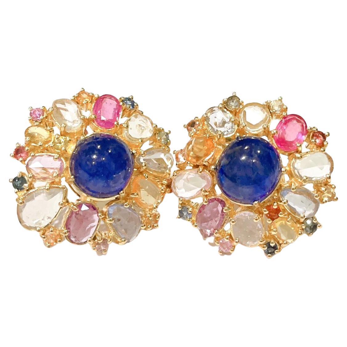 Bochic “Capri” Ruby & Rose Cut Sapphire Earrings Set in 18k Gold & Silver For Sale