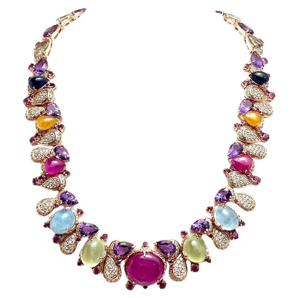 Bochic “Capri” Ruby, Emerald and Sapphire Necklace Set In 18K Gold and ...