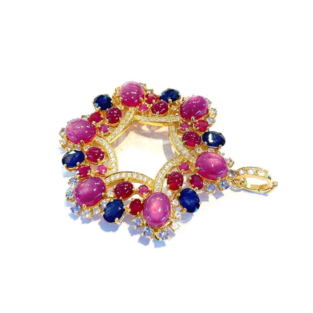 Baroque  Bochic “Capri” Ruby & Sapphire Brooch/Pendent Set In 18K Gold &Silver 
