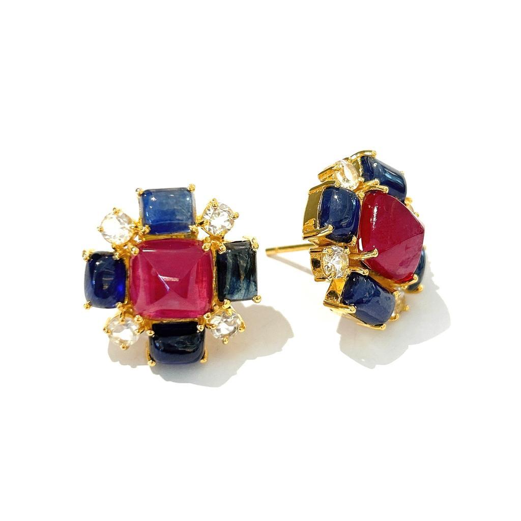 Bochic “Capri” Ruby & Sapphire Clip On Earrings Set In 18K Gold & Silver  For Sale 6