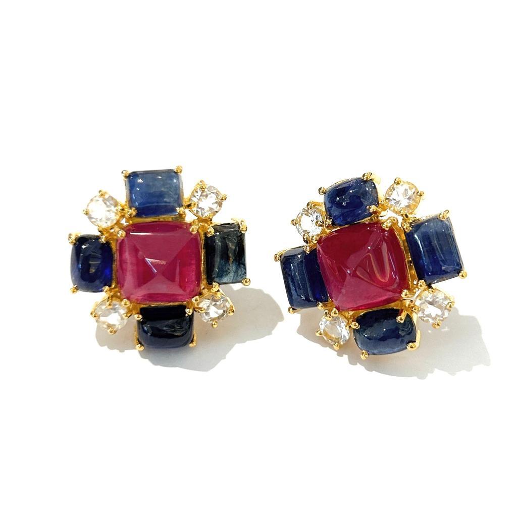 Bochic “Capri” Ruby & Sapphire Clip On Earrings Set In 18K Gold & Silver  For Sale 7