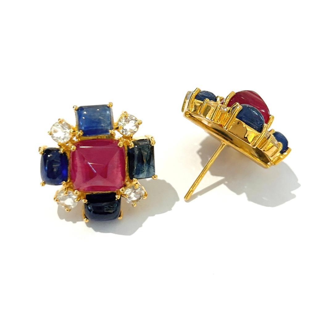 Bochic “Capri” Ruby & Sapphire Clip On Earrings Set In 18K Gold & Silver  For Sale 8